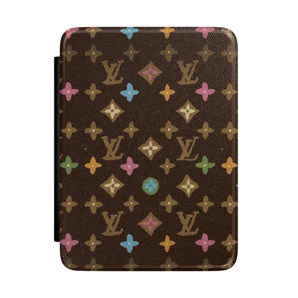 Brown hardcover Kindle case with multicolor star and LV monogram pattern