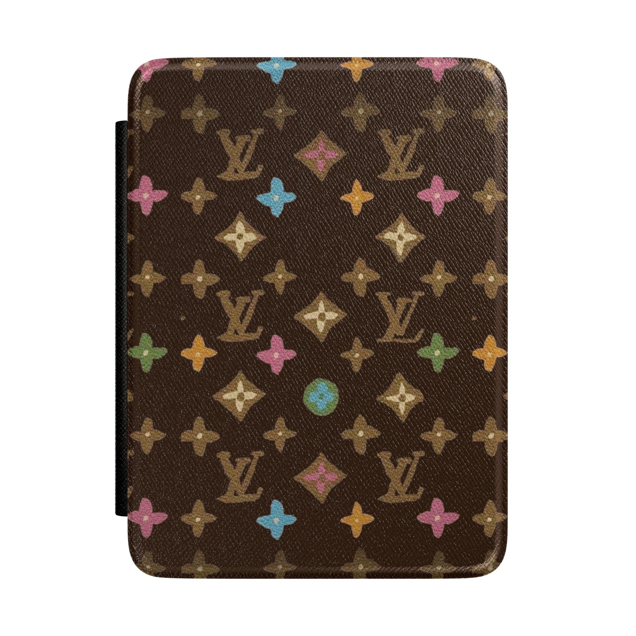 Brown hardcover Kindle case with multicolor star and LV monogram pattern