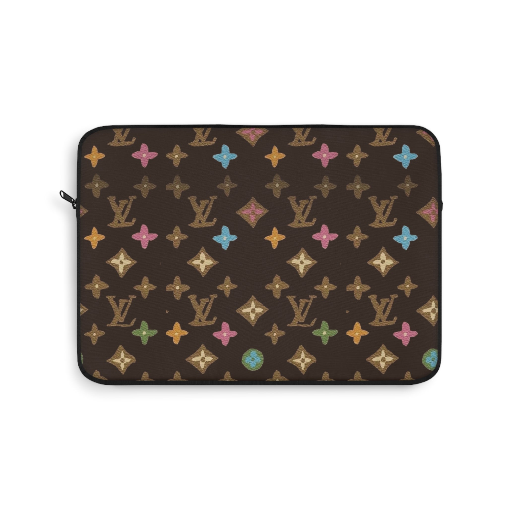 Brown zippered laptop sleeve with multicolor star and monogram pattern, rounded corners.