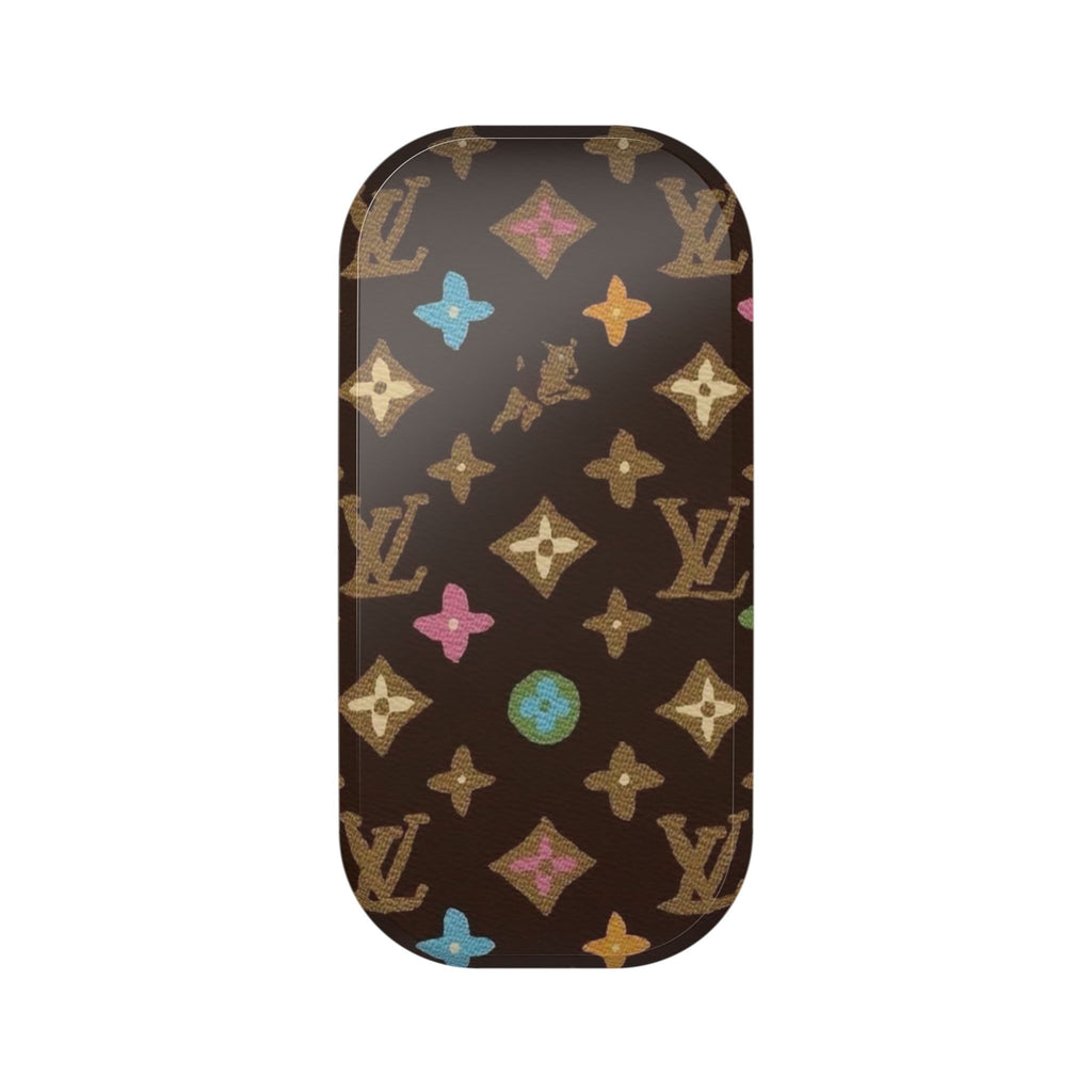 Phone grip case with brown multicolor star and LV-style logo pattern