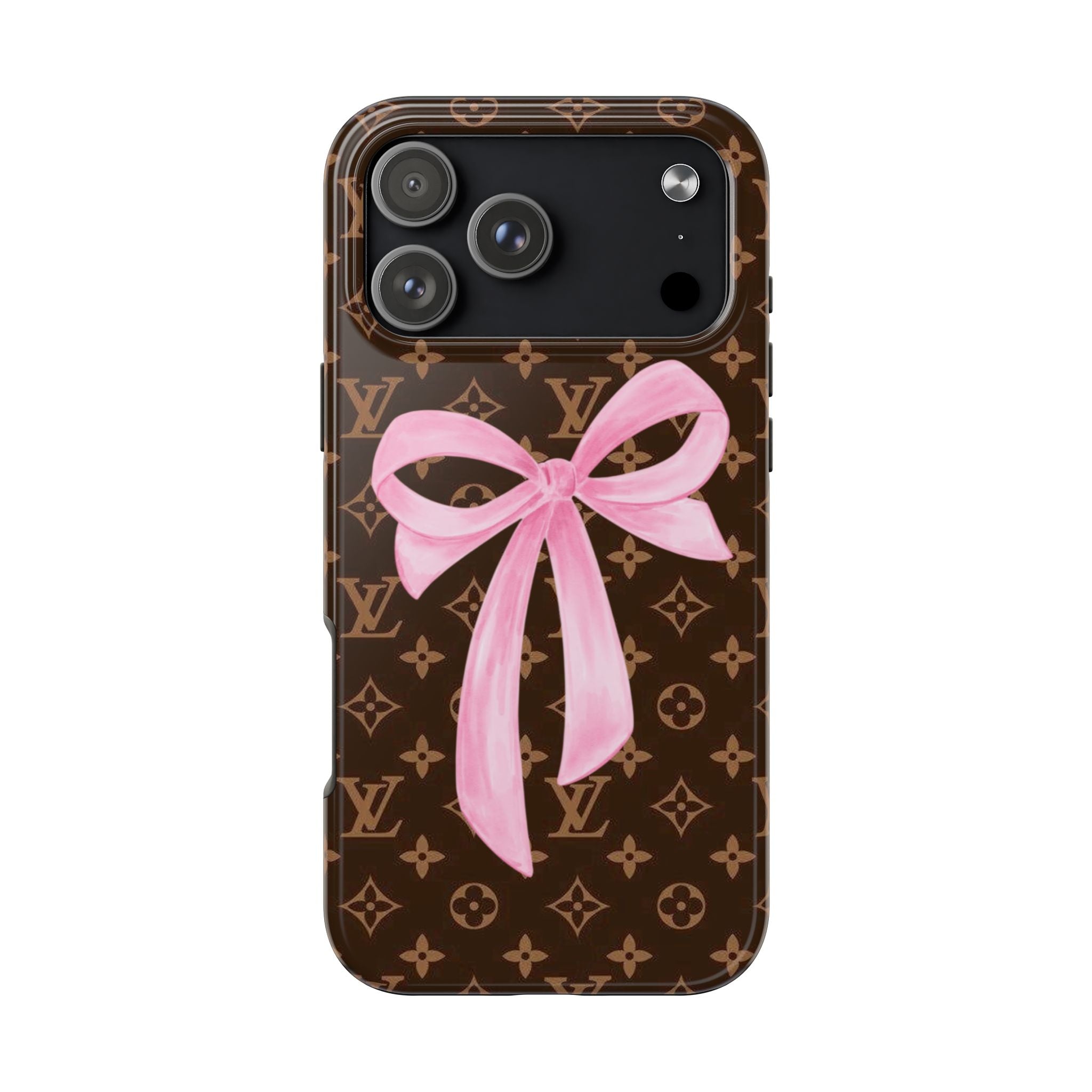 LV monogram phone case with pink ribbon bow, brown pattern and camera cutouts