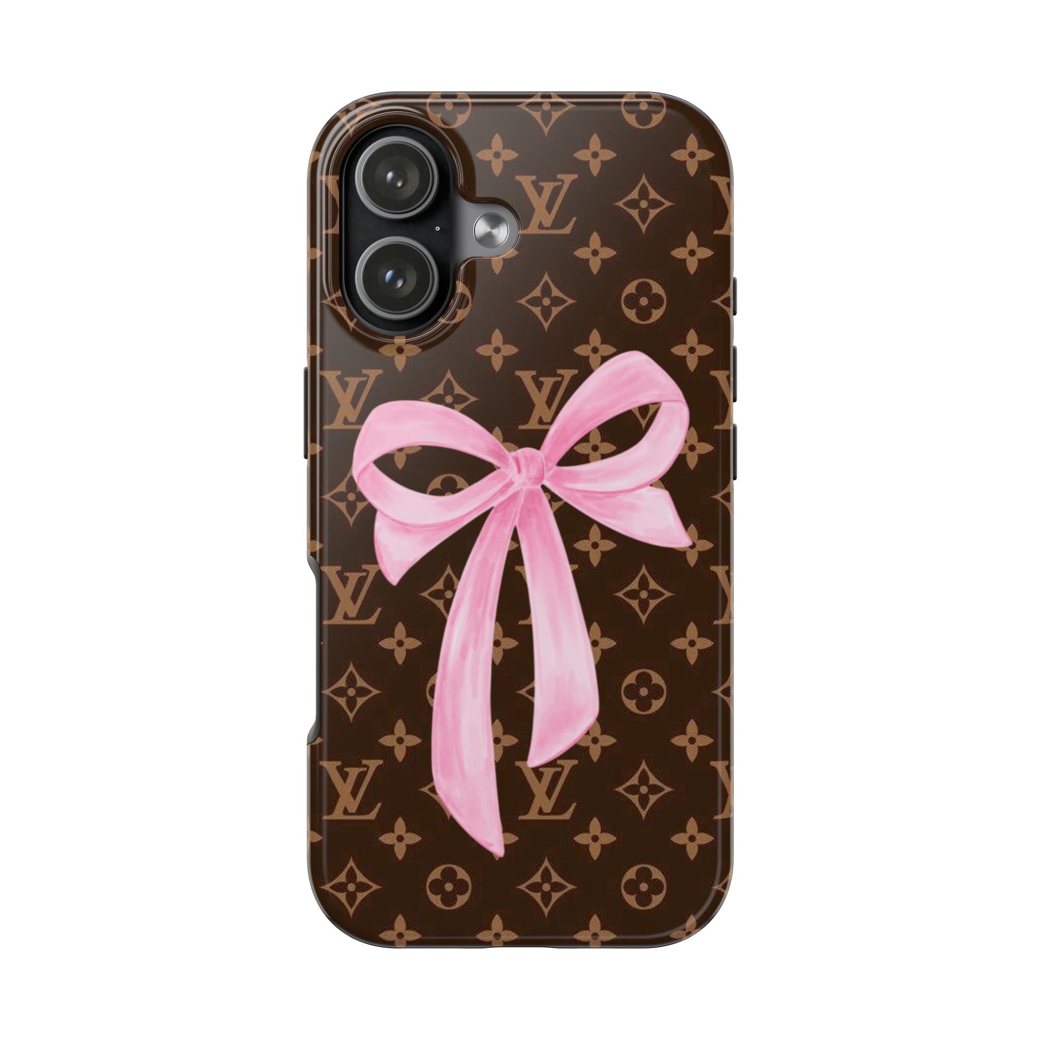 LV monogram phone case with pink ribbon bow, brown back with camera cutouts