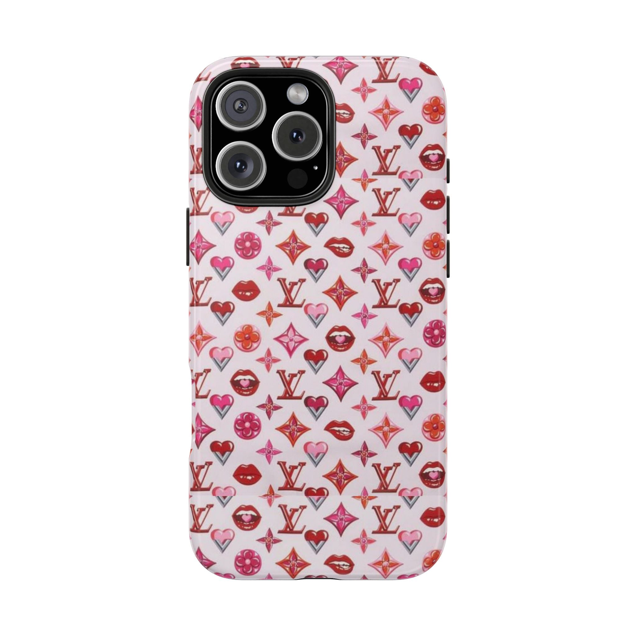 Pink LV monogram phone case with lips, hearts, and star motifs; camera cutouts