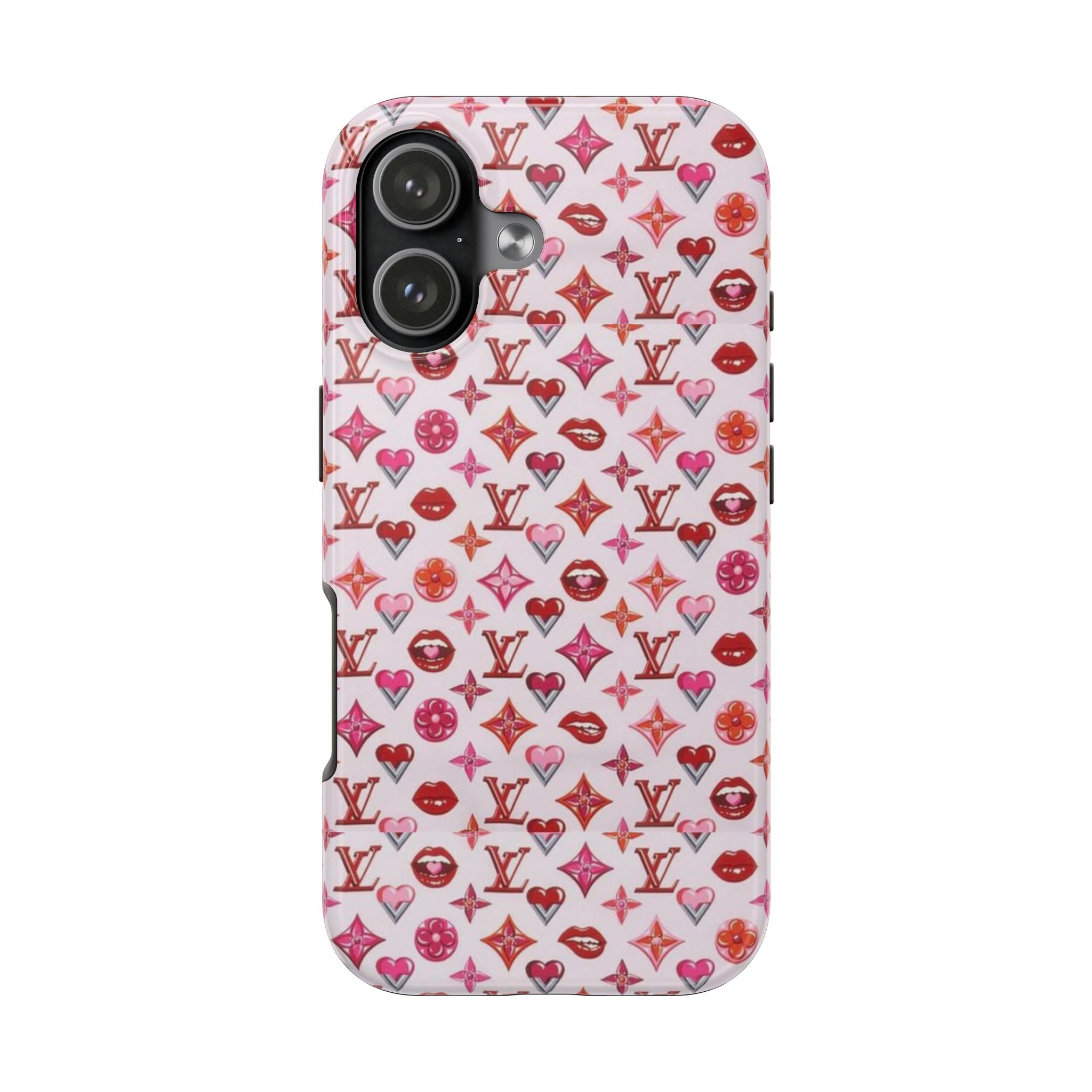 Pink LV monogram phone case with lips, hearts, and flower motifs; lens openings
