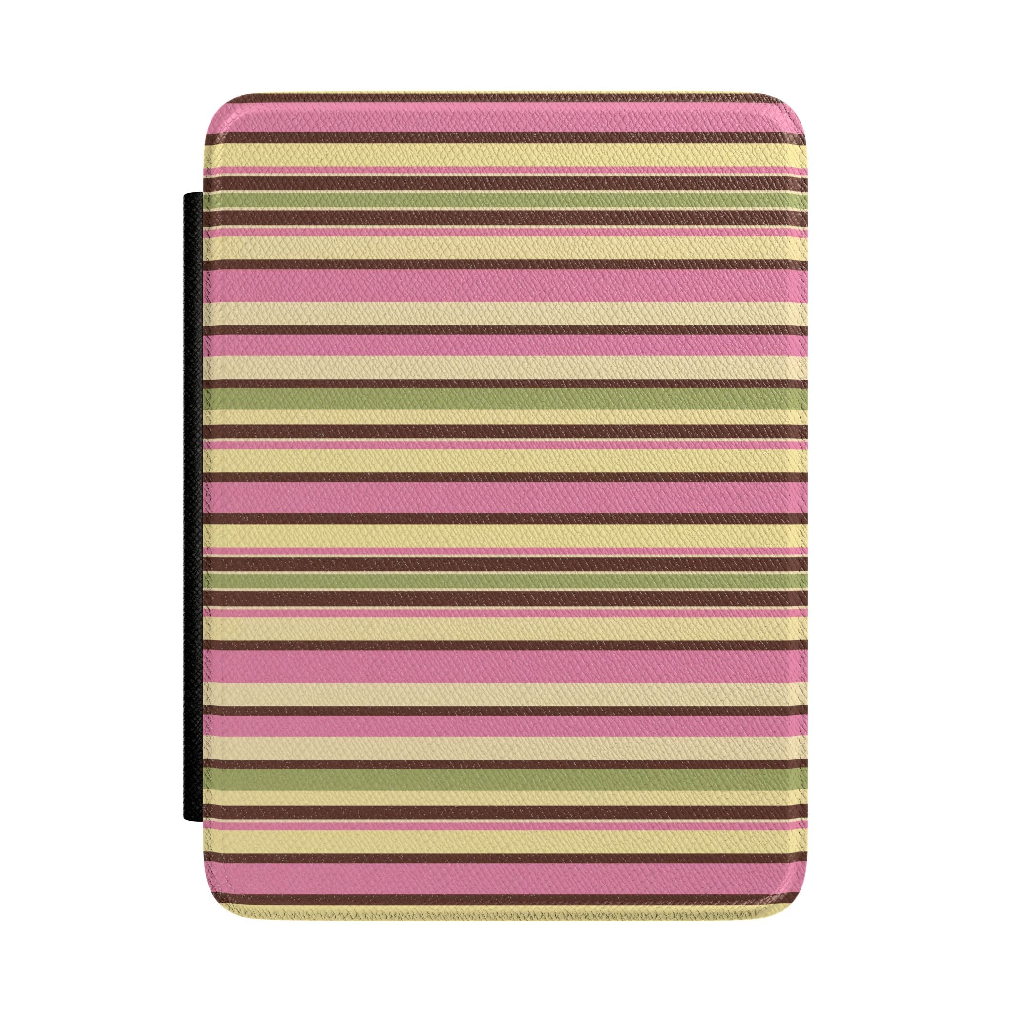 Hardcover Kindle case with horizontal striped fabric in pink, cream, and dark brown