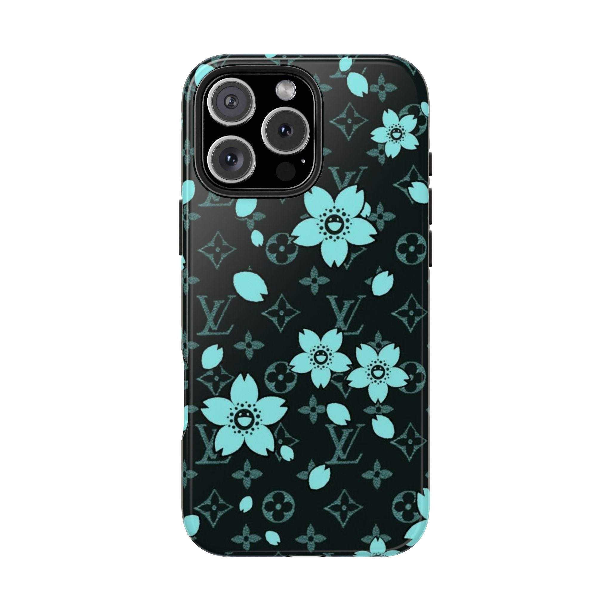Black phone case back with turquoise floral and LV monogram pattern; camera openings
