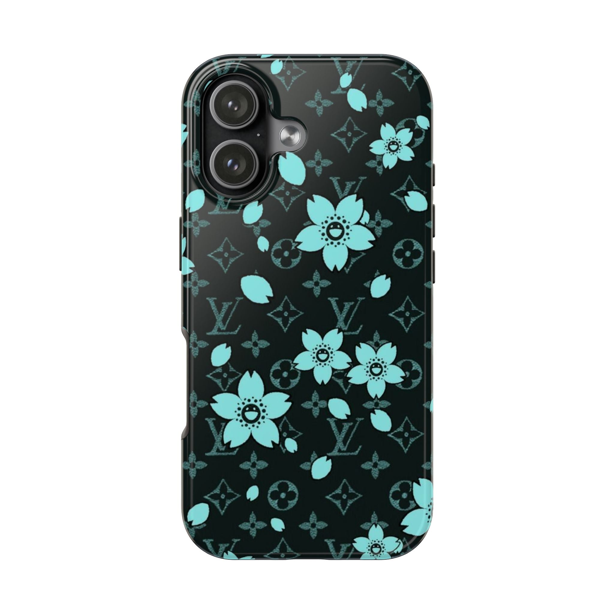 Black phone case with turquoise lotus and LV monogram pattern; top camera area
