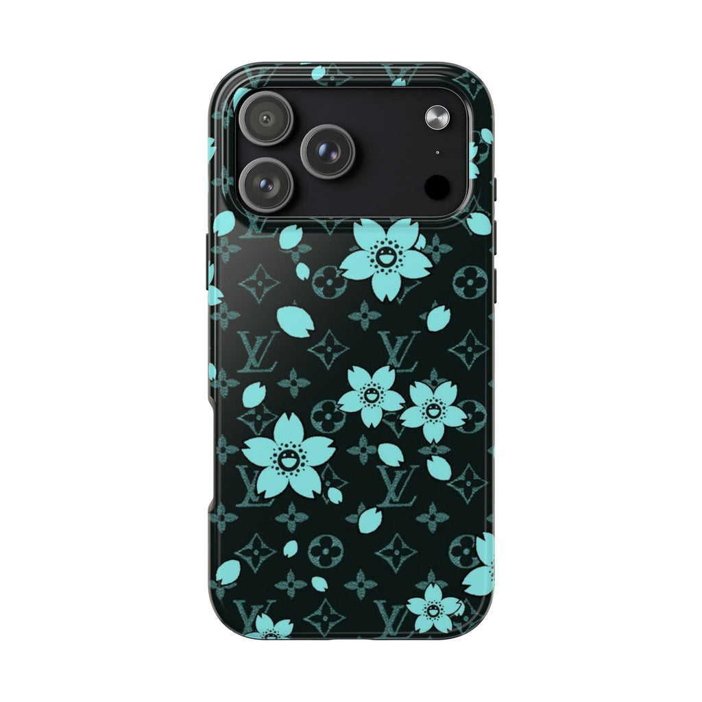 Black phone case with Tiffany blue lotus and LV monogram pattern, raised camera cutouts