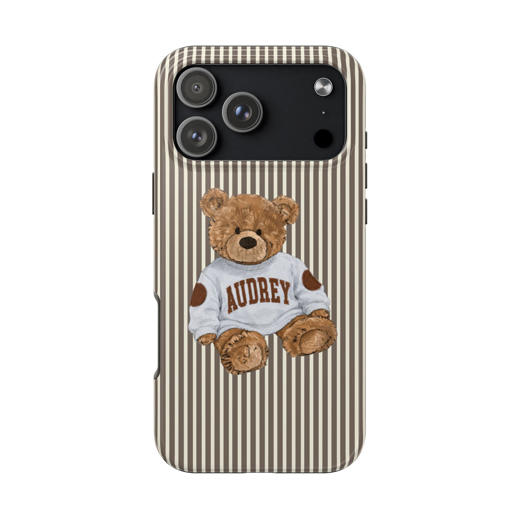 PERSONALIZED VARSITY SWEATER BROWN STRIPES CUSTOM TEDDY BEAR NAME PHONE CASE