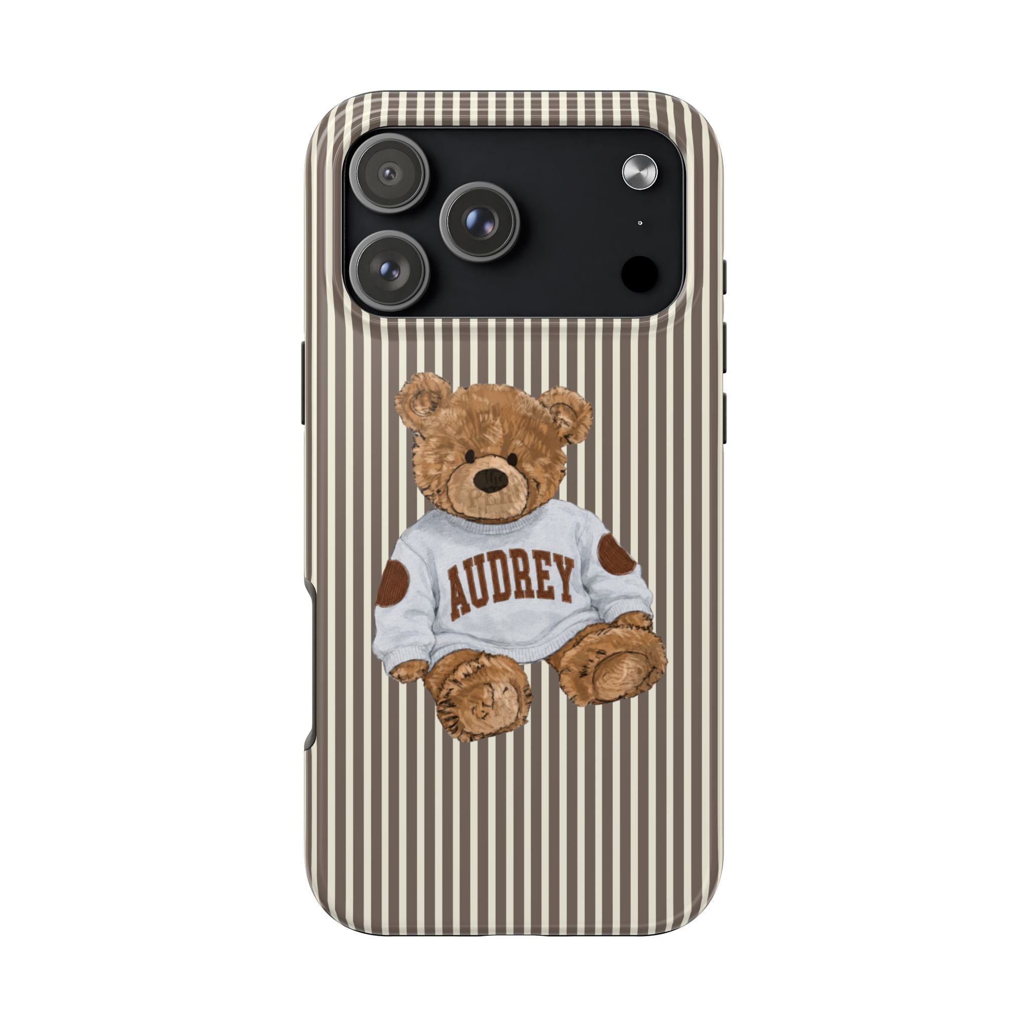 PERSONALIZED VARSITY SWEATER BROWN STRIPES CUSTOM TEDDY BEAR NAME PHONE CASE