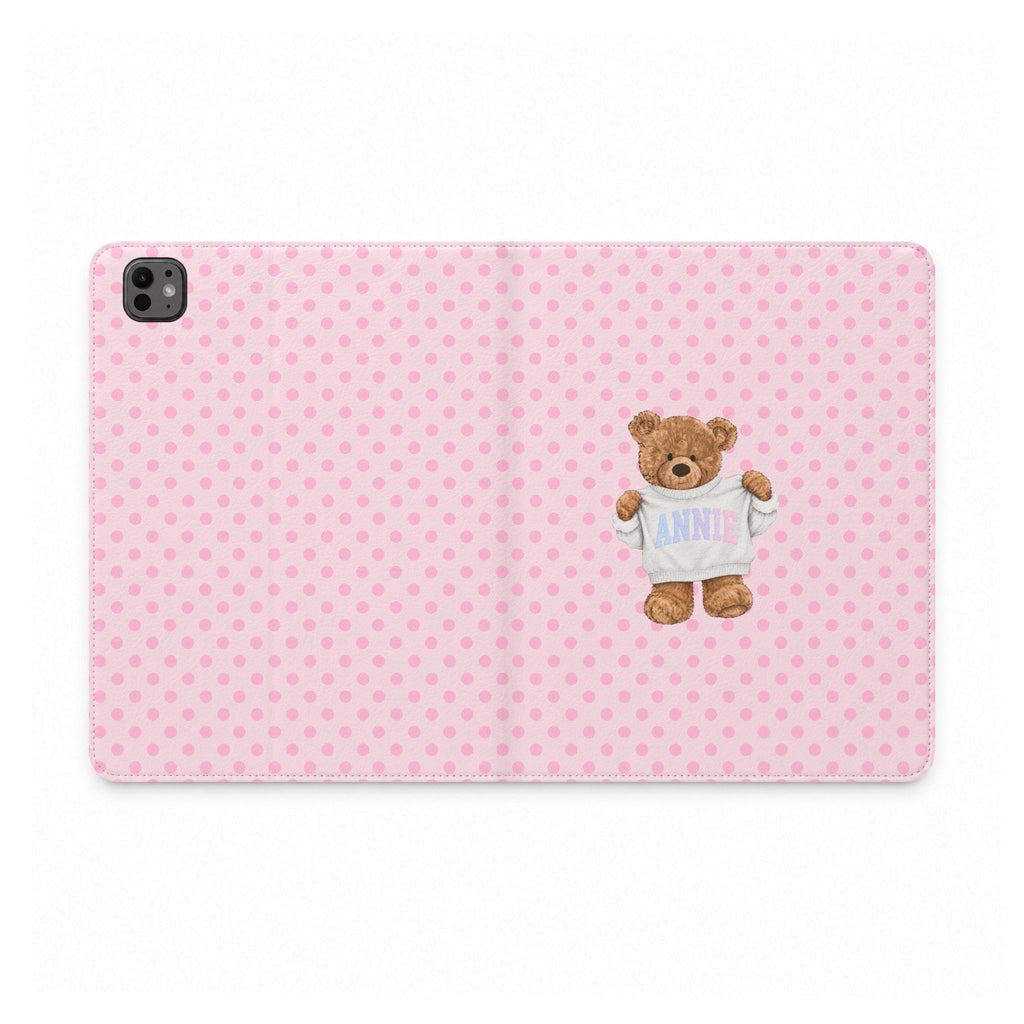 Pink polka dot tablet folio case with teddy bear applique and name Annie