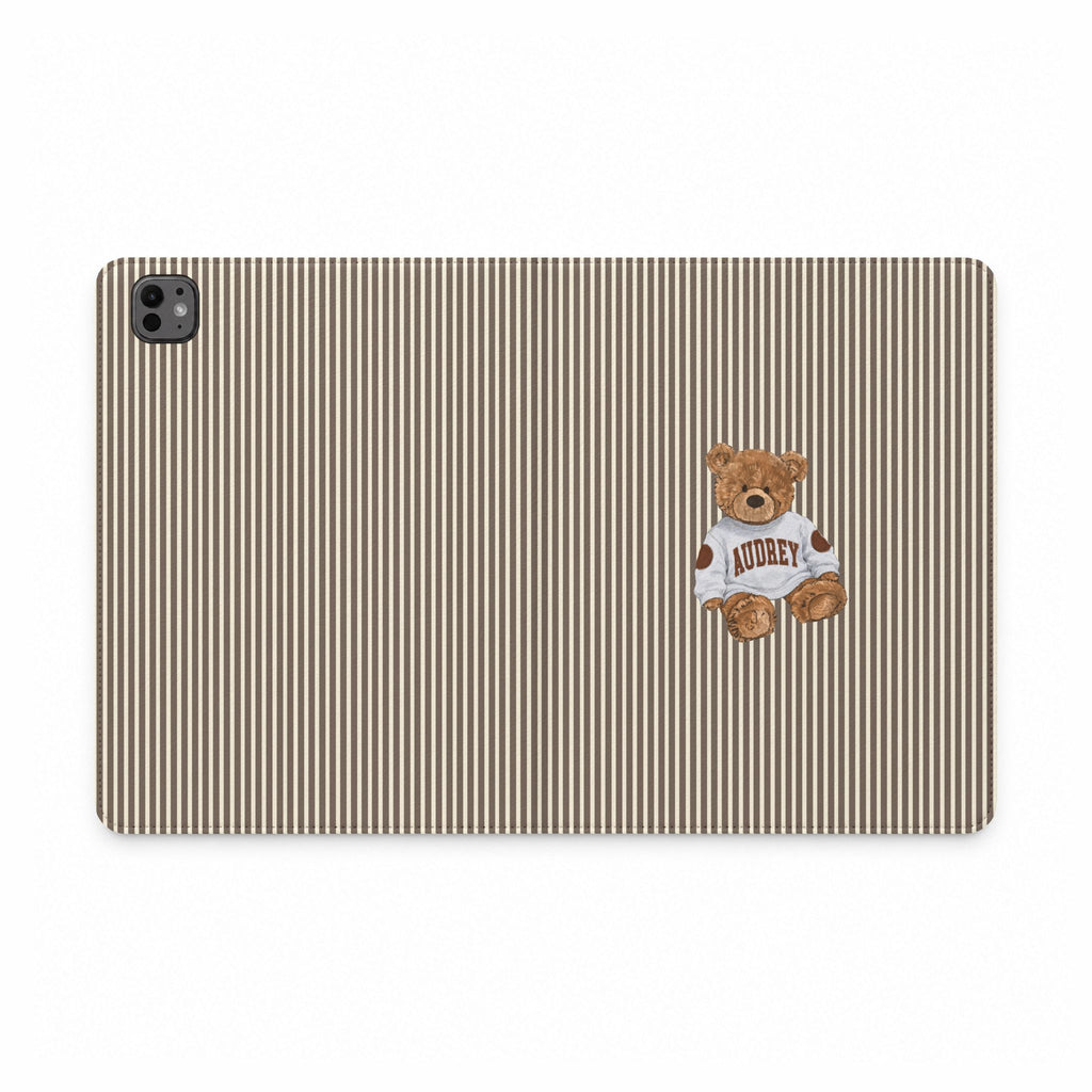 PERSONALIZED VARSITY SWEATER BROWN STRIPES CUSTOM TEDDY BEAR NAME IPAD TABLET FOLIO CASE