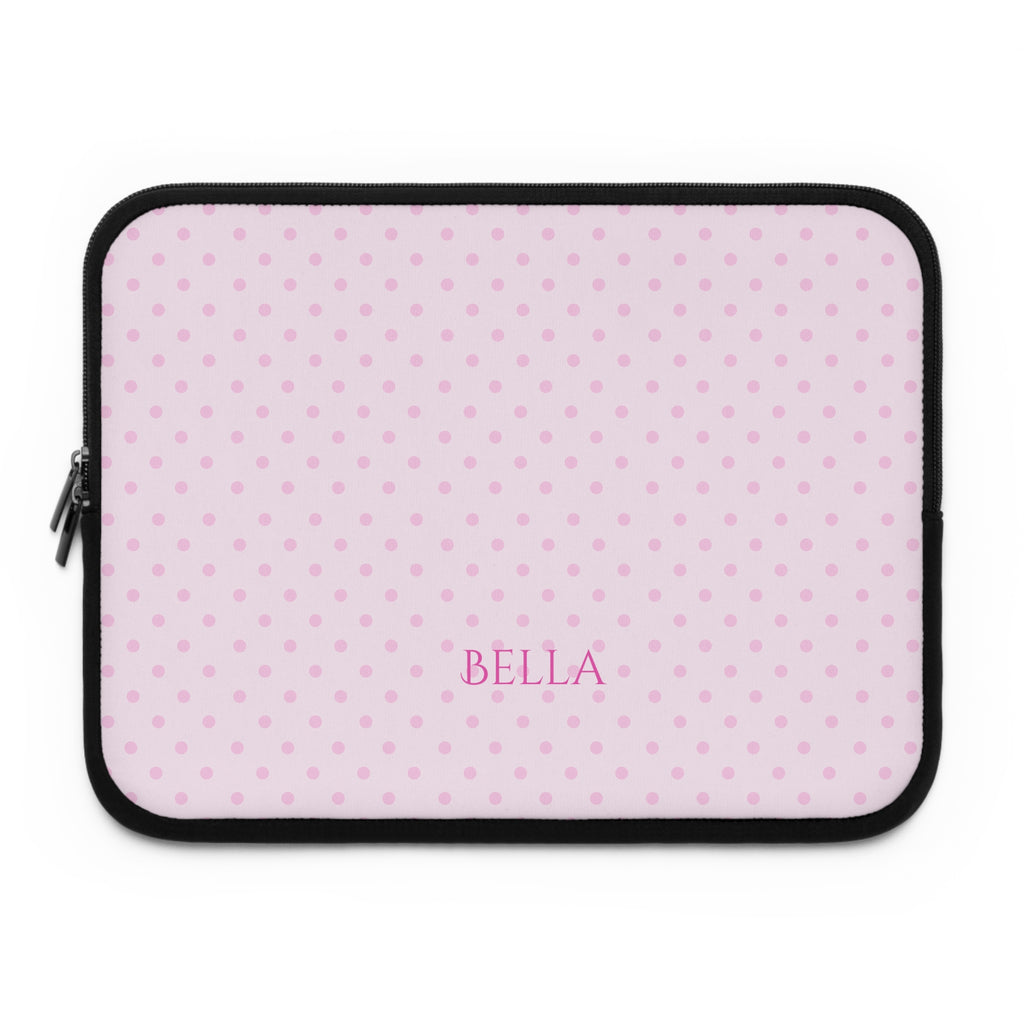 Pink neoprene device sleeve with polka dots, black trim, front zipper and name BELLA