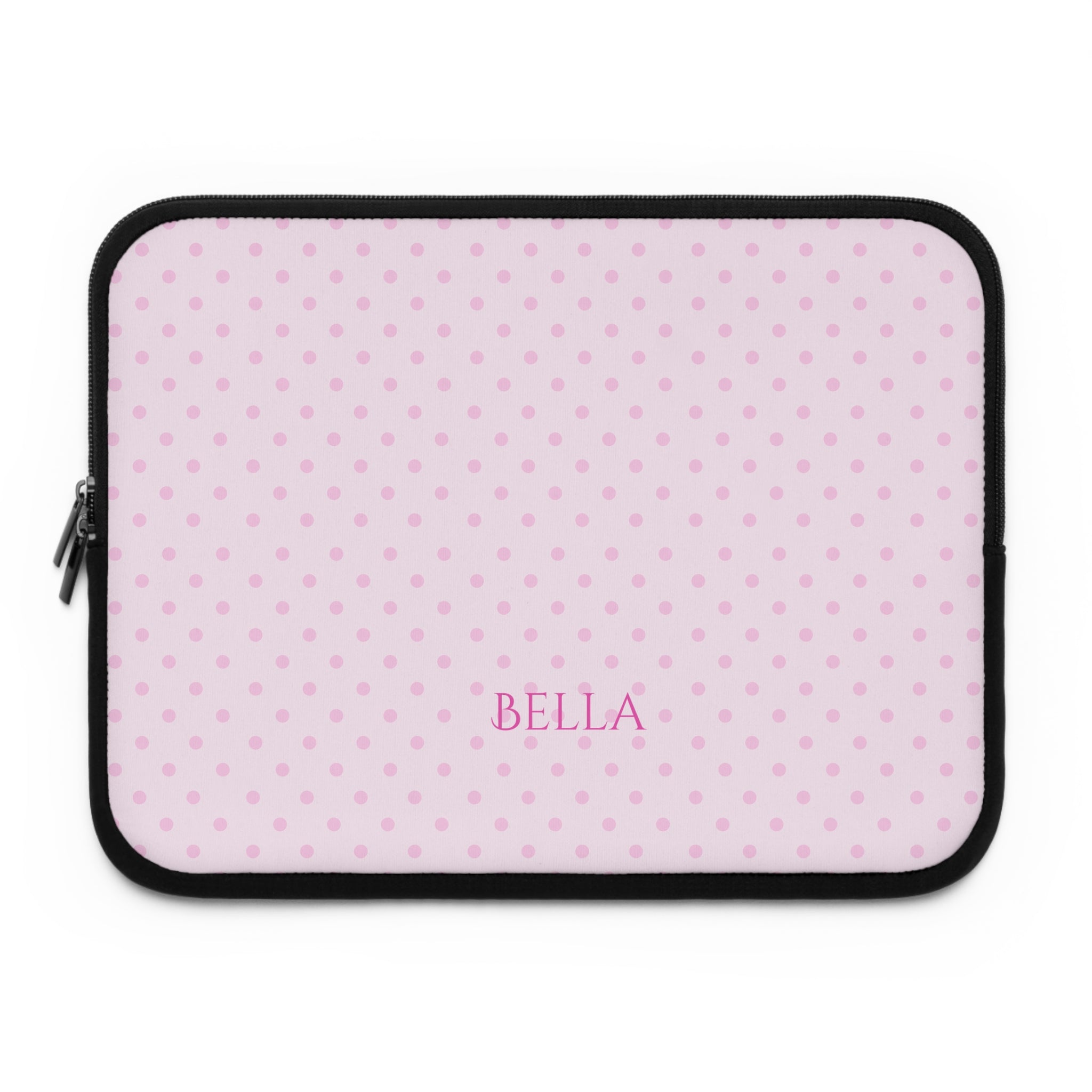 Pink neoprene device sleeve with polka dots, black trim, front zipper and name BELLA