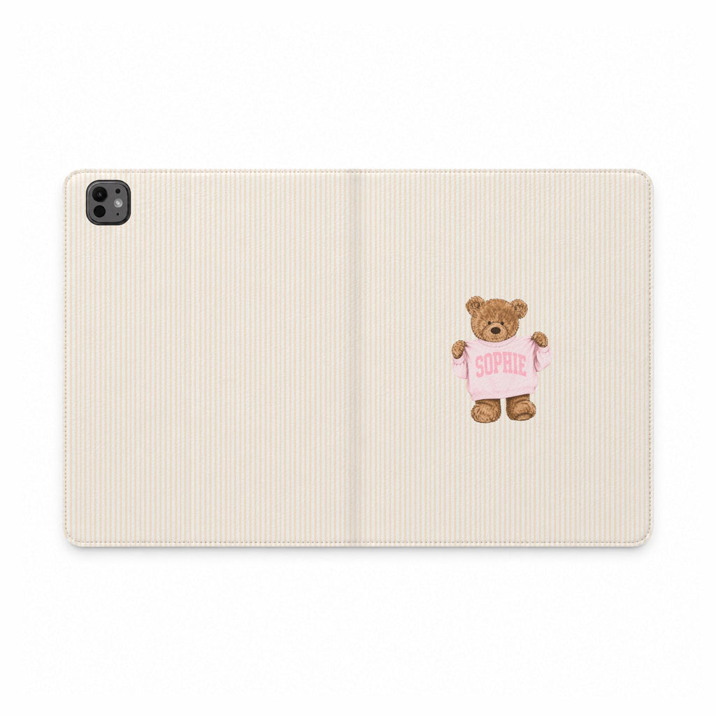 PERSONALIZED VARSITY SWEATER BEIGE STRIPES CUSTOM TEDDY BEAR NAME IPAD TABLET FOLIO CASE