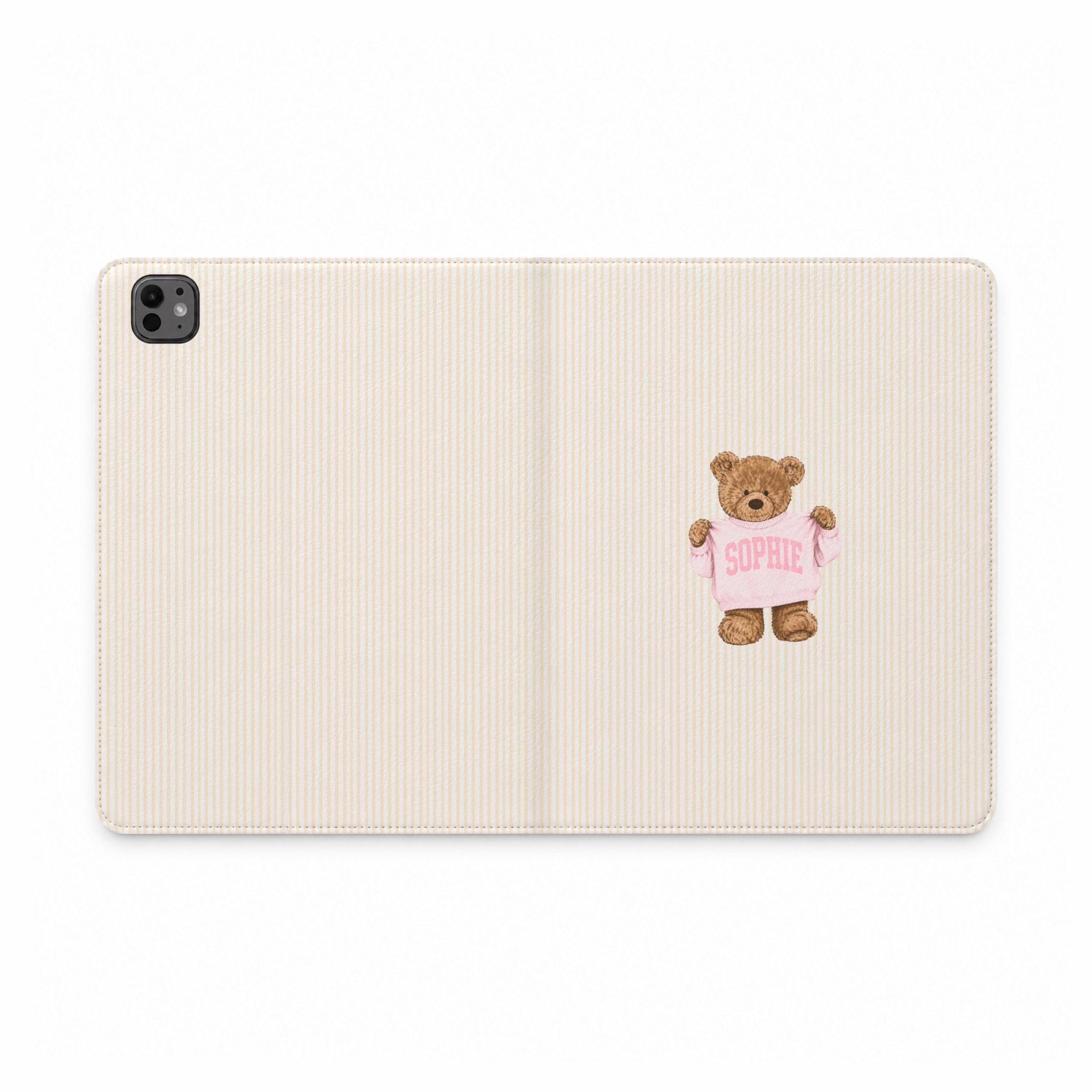 PERSONALIZED VARSITY SWEATER BEIGE STRIPES CUSTOM TEDDY BEAR NAME IPAD TABLET FOLIO CASE