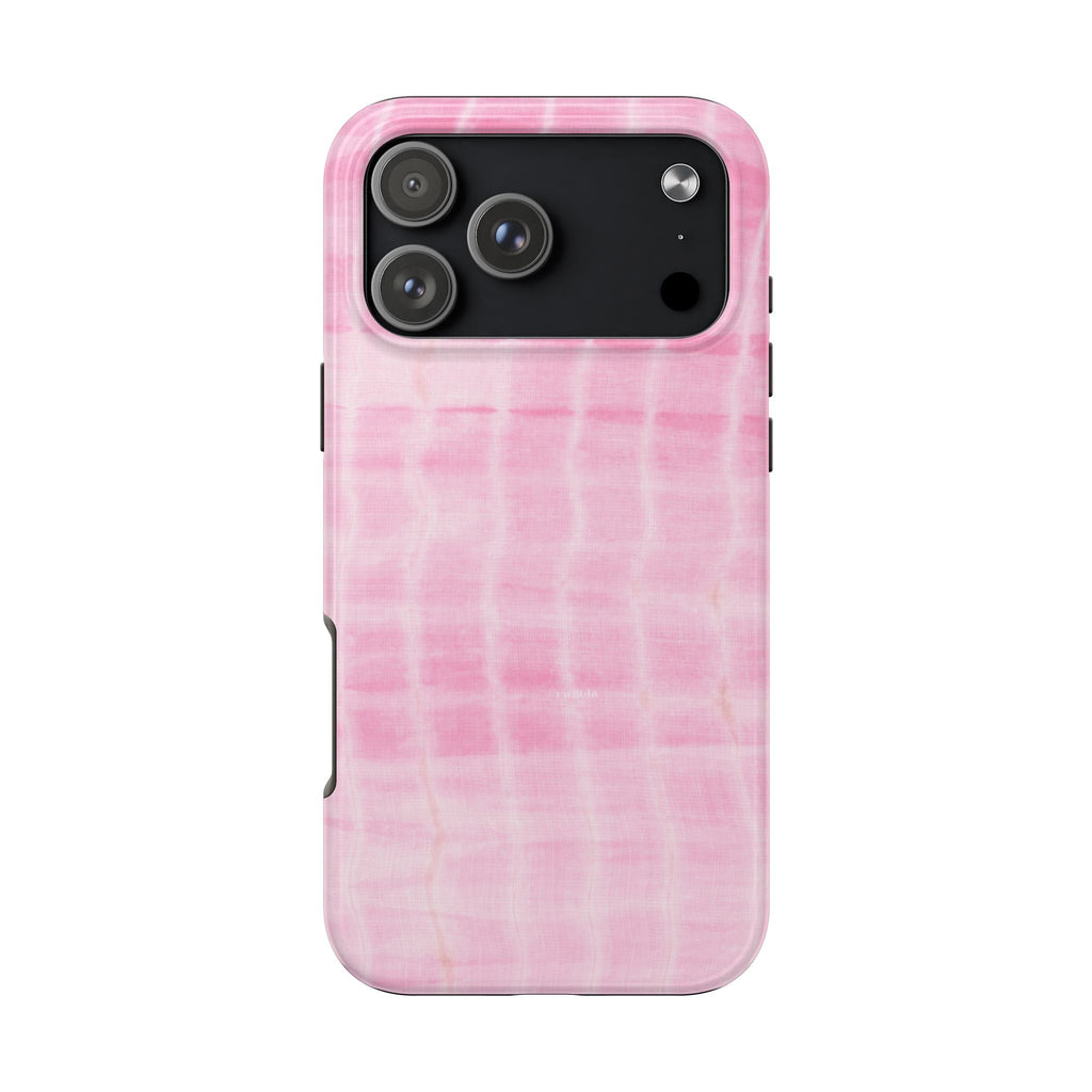 Pink shibori tie-dye phone case, back view with camera and flash cutouts