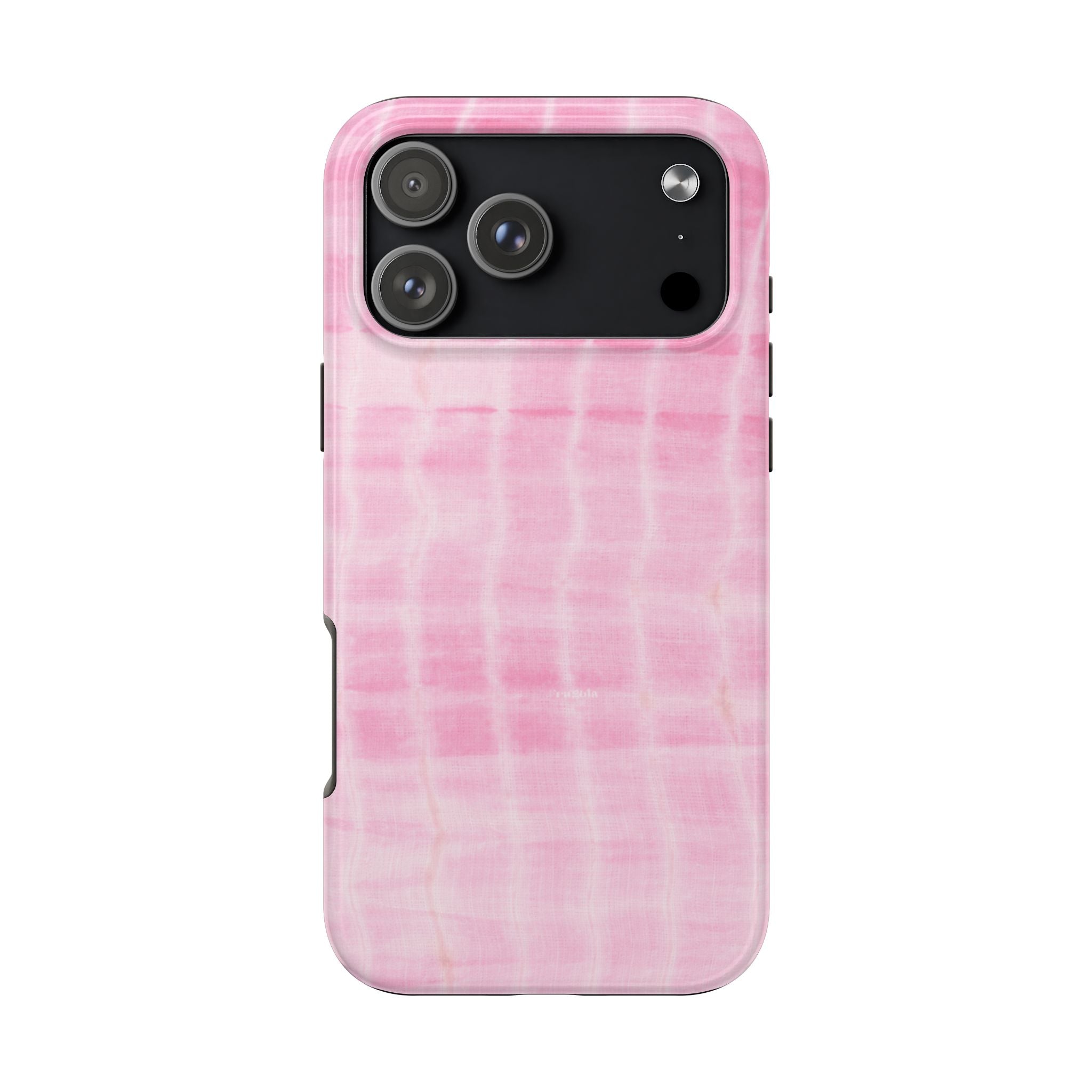 Pink shibori tie-dye phone case, back view with camera and flash cutouts