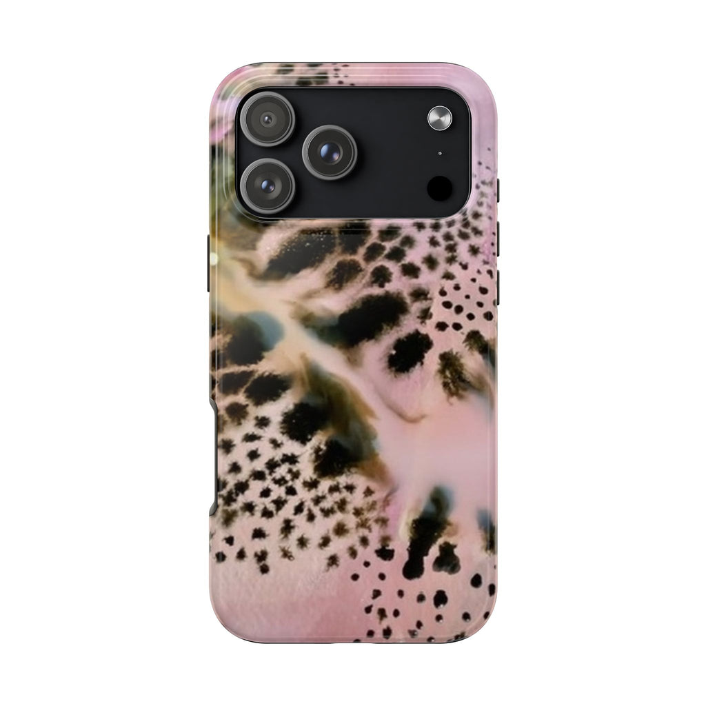 Pink cheetah animal print phone case with raised camera cutouts and speaker ports