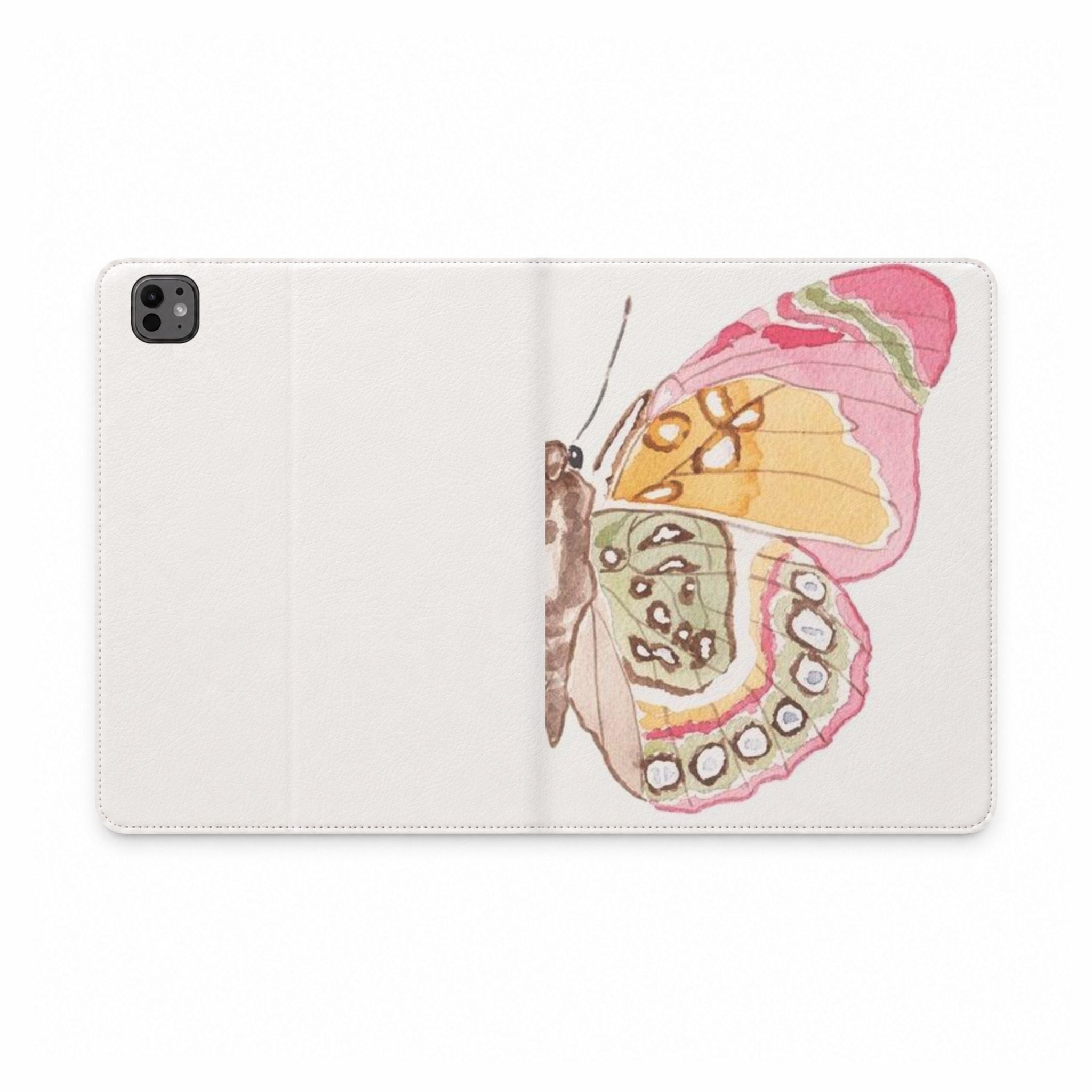 Light folio iPad case with butterfly wing artwork and camera cutout