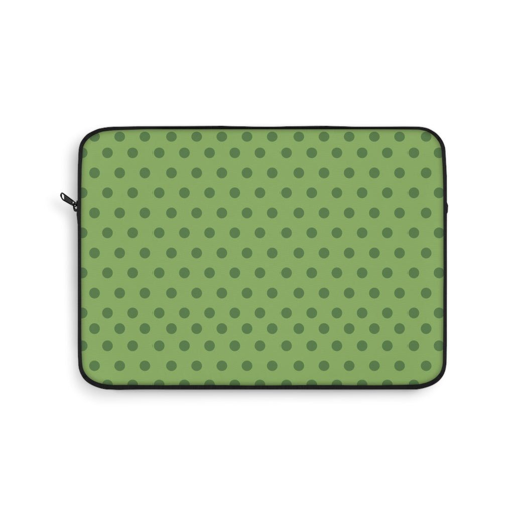 Green polka dot neoprene tablet and laptop sleeve with zipper and black trim
