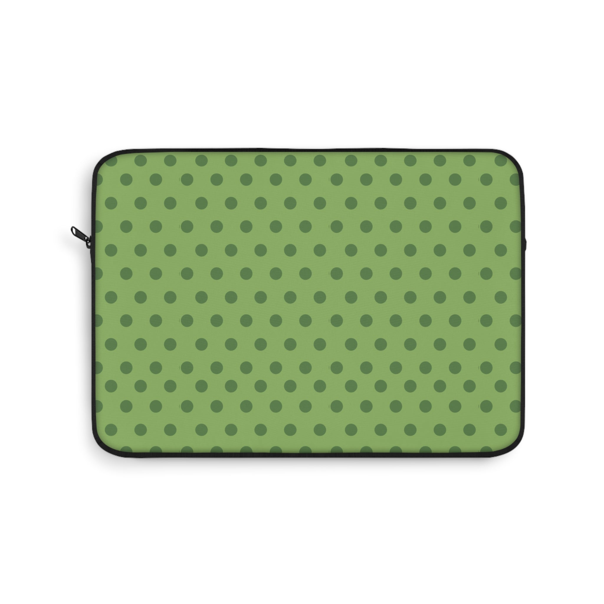 Green polka dot neoprene tablet and laptop sleeve with zipper and black trim