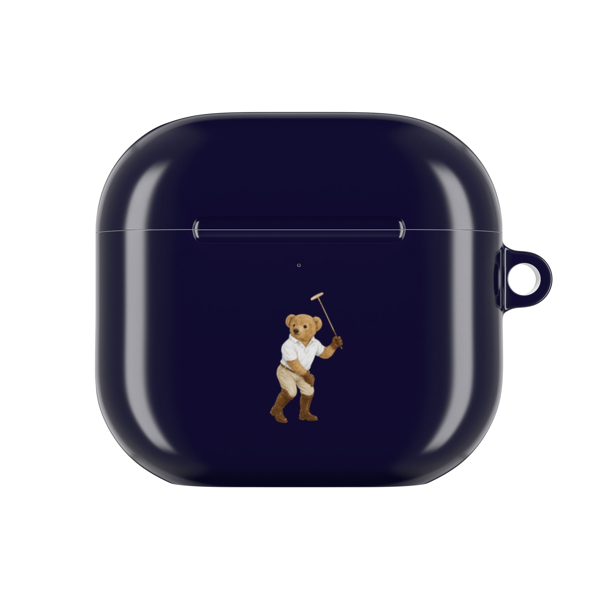Navy blue AirPods case with teddy bear graphic, closed with side key loop