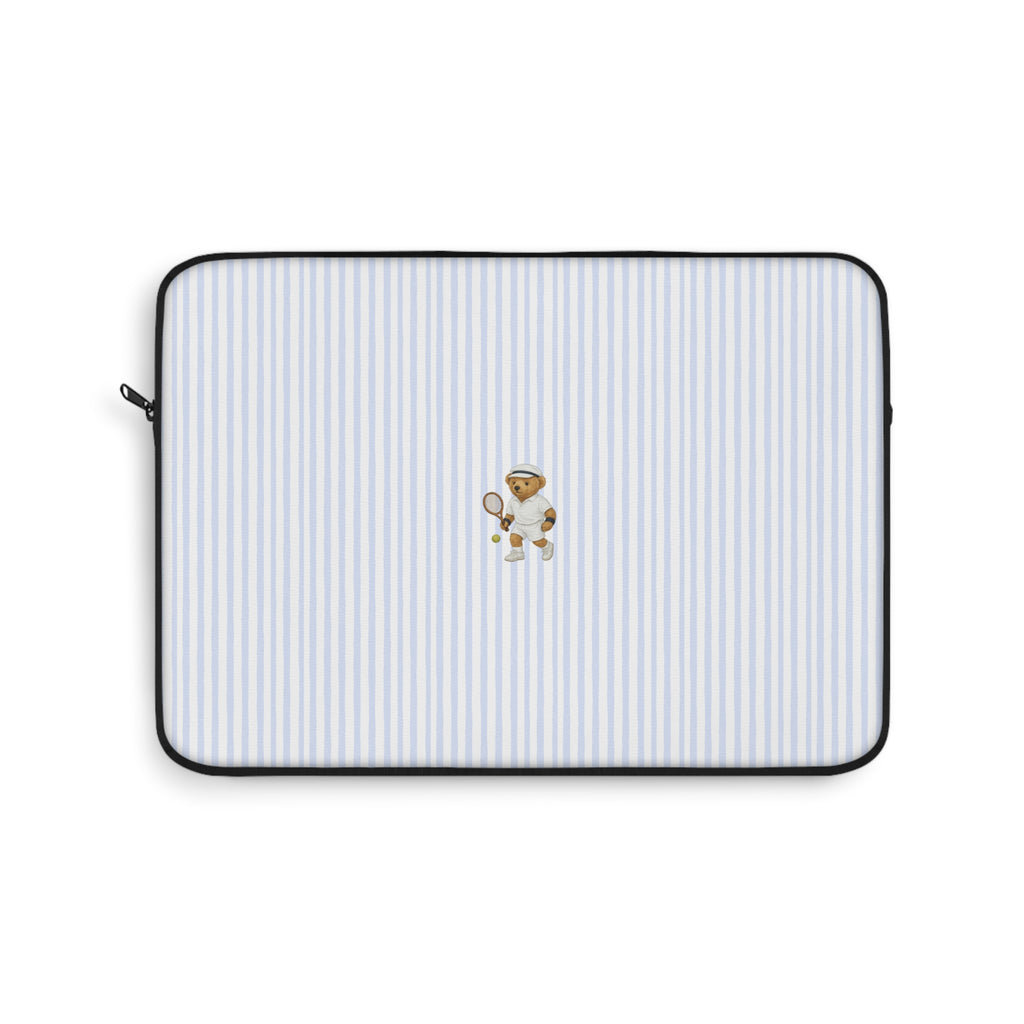 Blue striped neoprene laptop sleeve with teddy bear tennis motif and zip