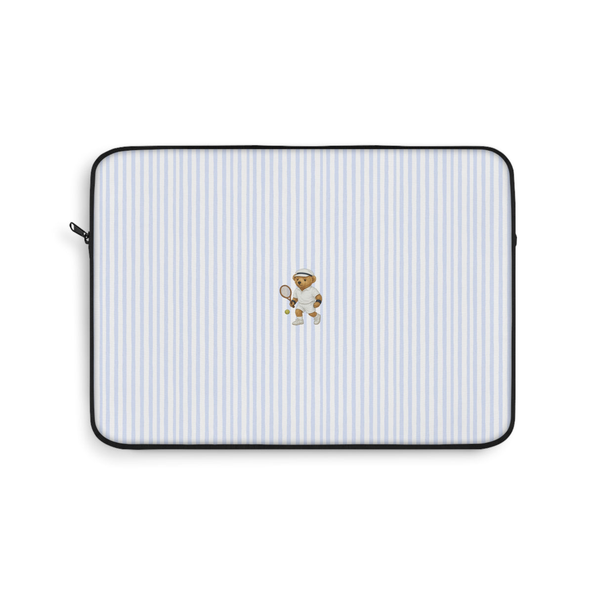 Blue striped neoprene laptop sleeve with teddy bear tennis motif and zip