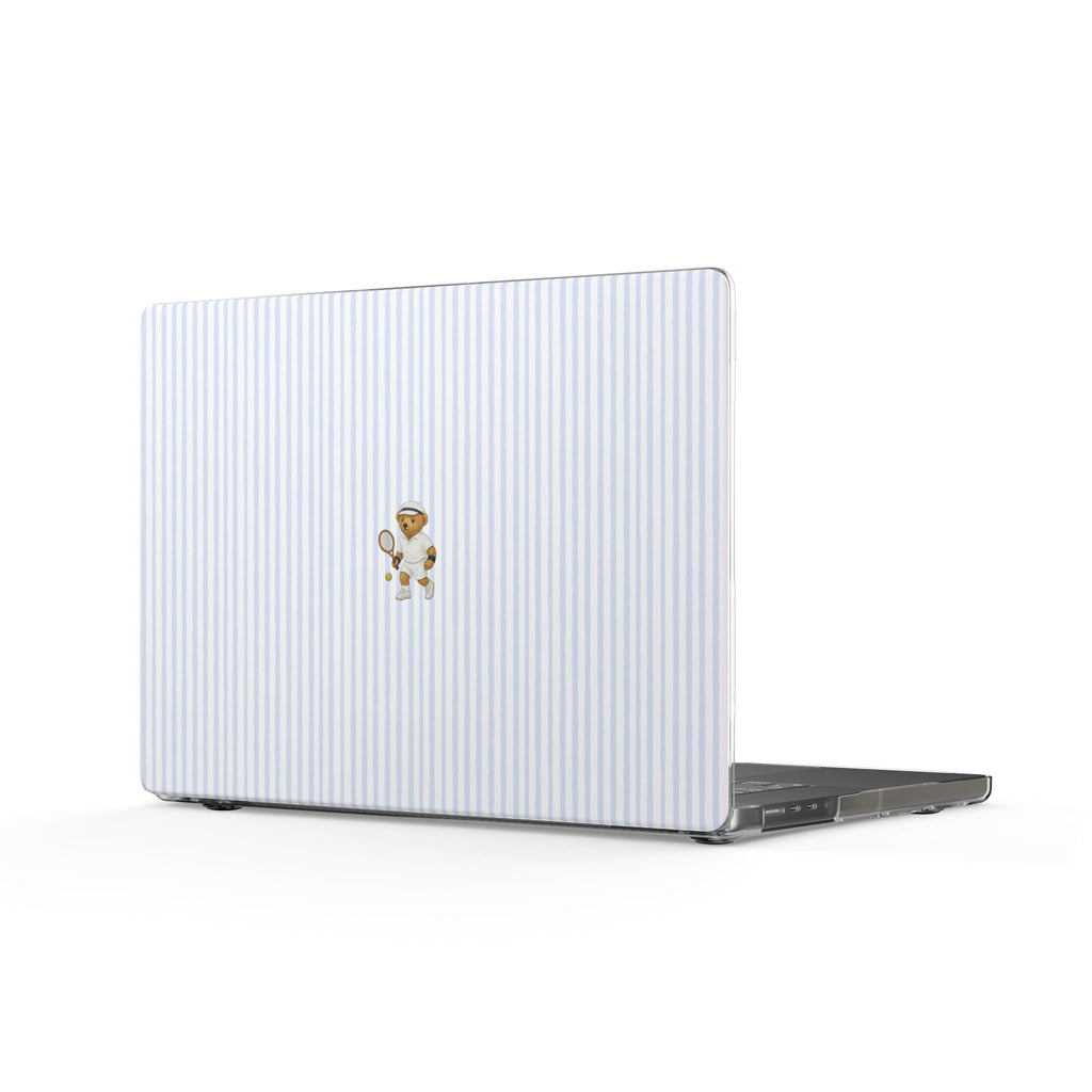 Blue striped laptop cover with small teddy bear emblem
