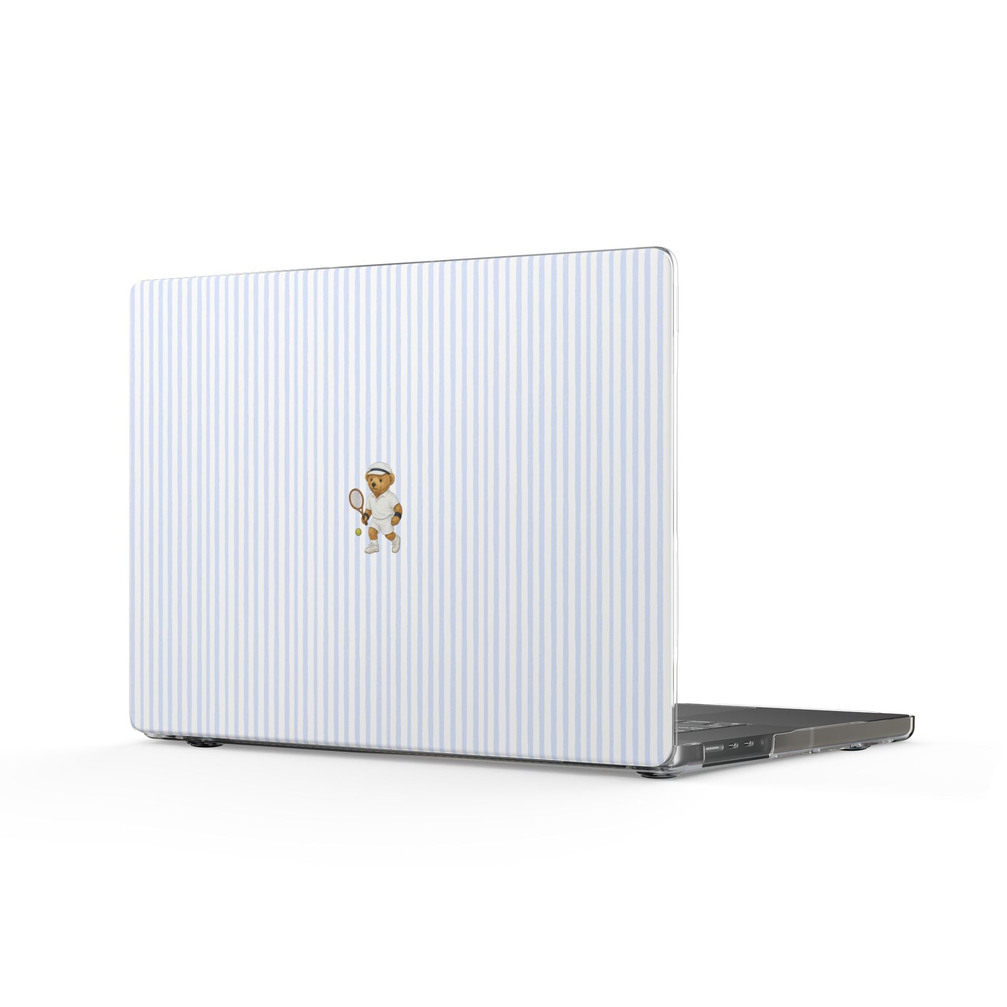 Blue striped laptop cover with small teddy bear emblem