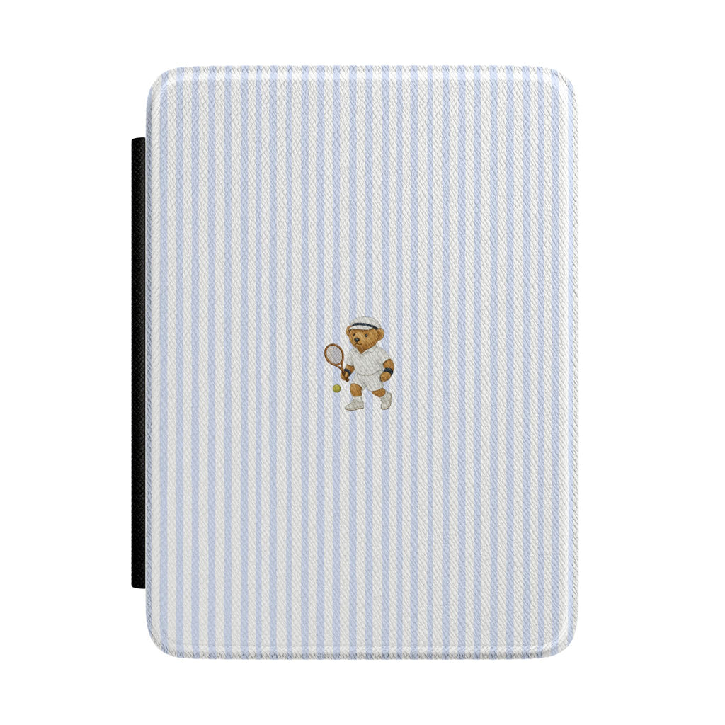 Light blue striped hardcover Kindle case with small teddy bear emblem
