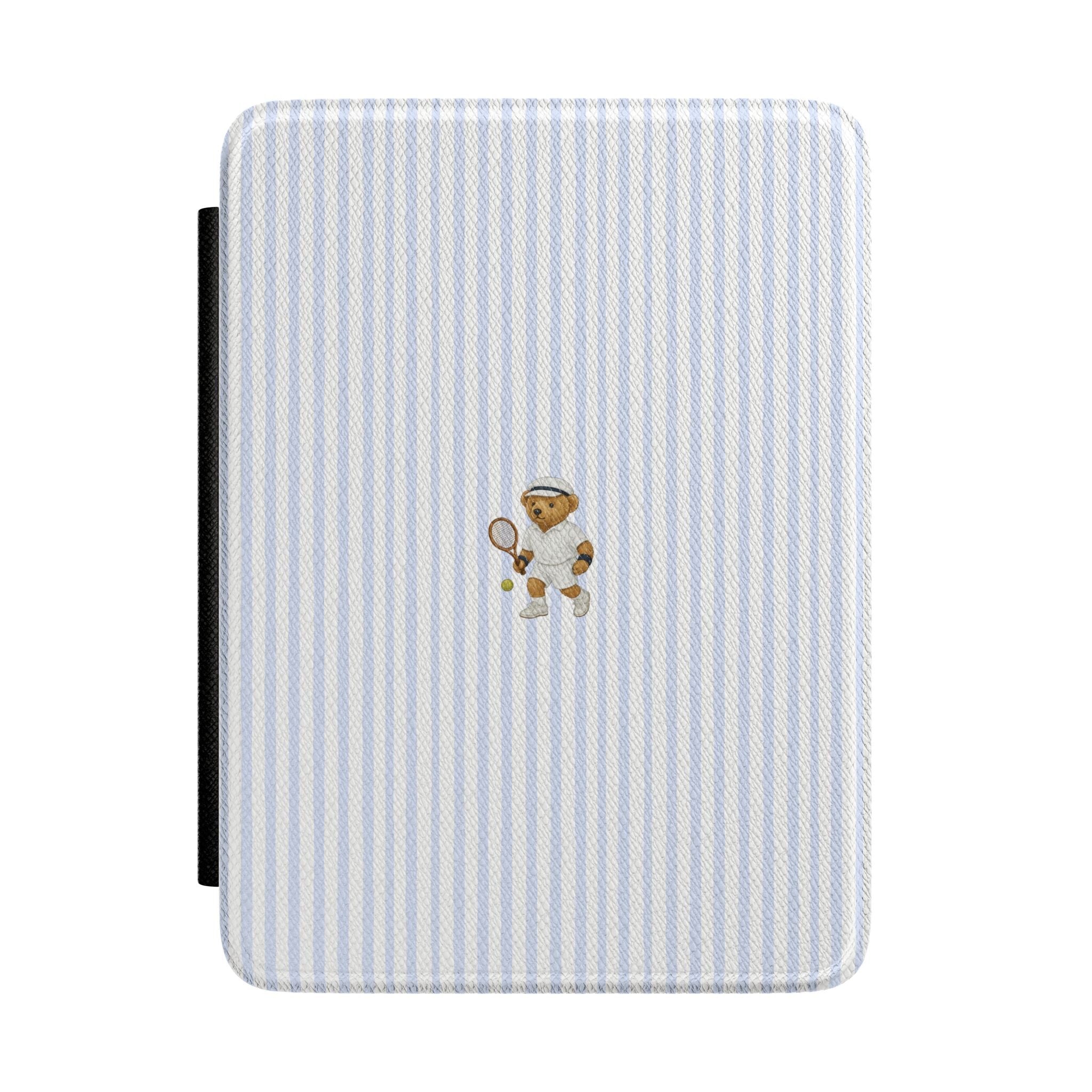 Light blue striped hardcover Kindle case with small teddy bear emblem