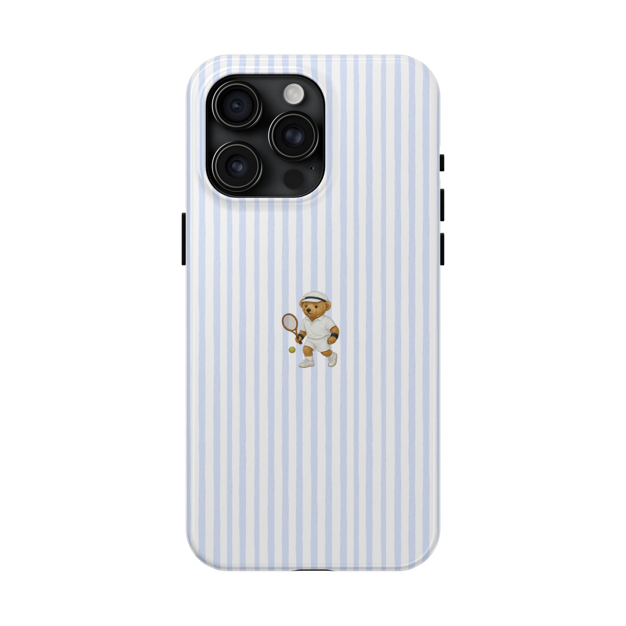 Blue-and-white striped phone case with teddy tennis player graphic and camera cutouts