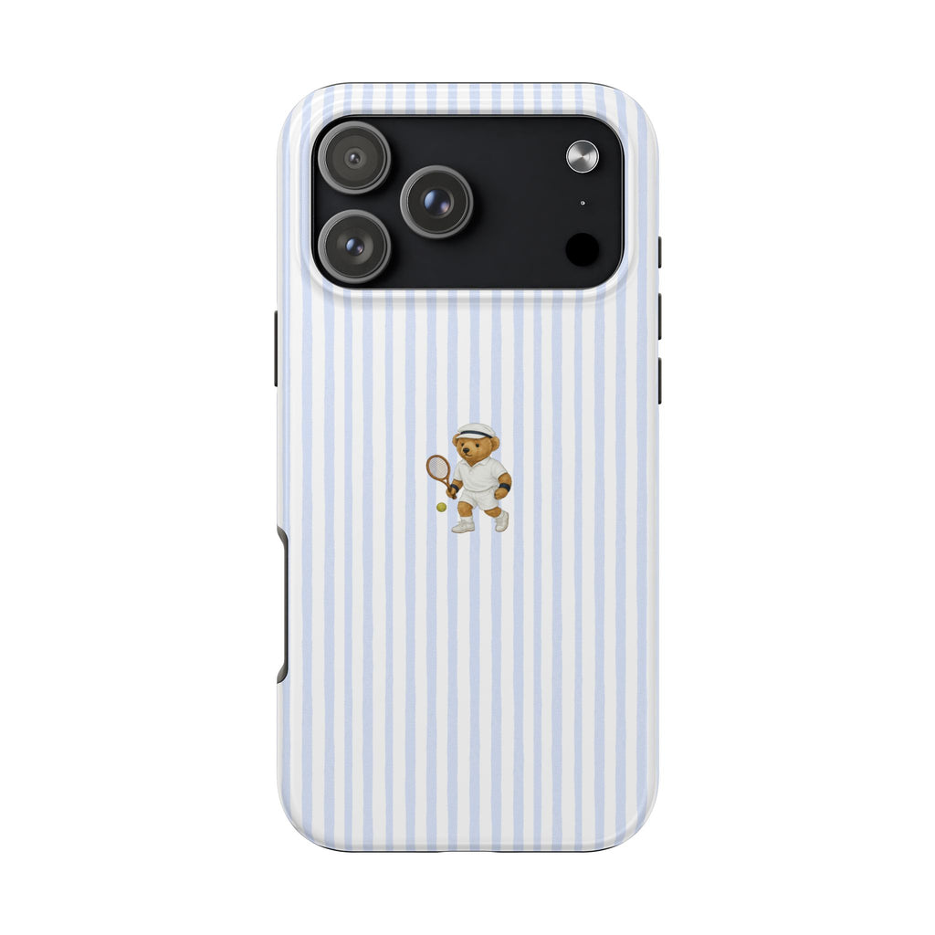 Blue-and-white striped teddy bear tennis phone case with raised camera cutouts