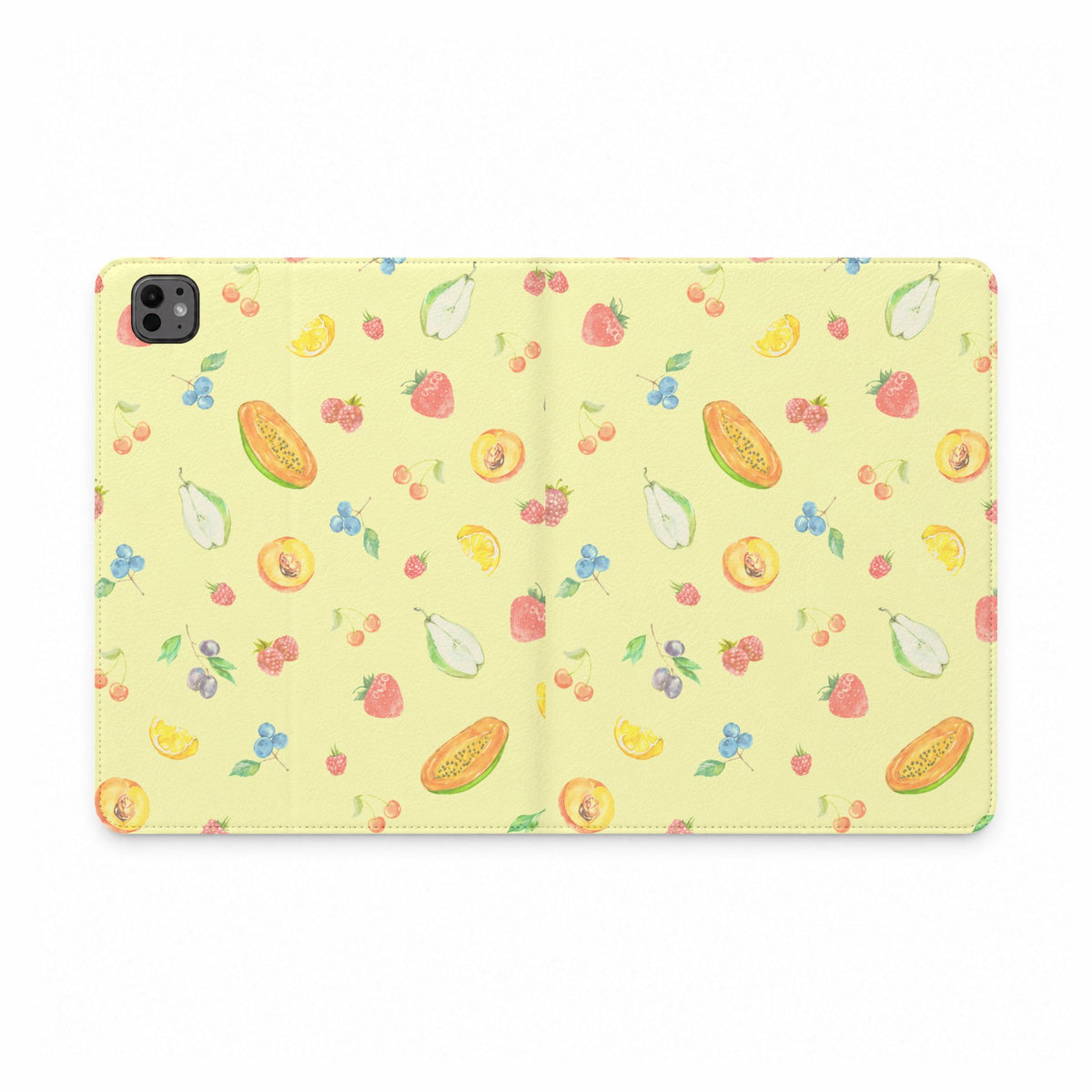 Yellow fruit sorbet iPad folio case with colorful pattern and back camera cutout