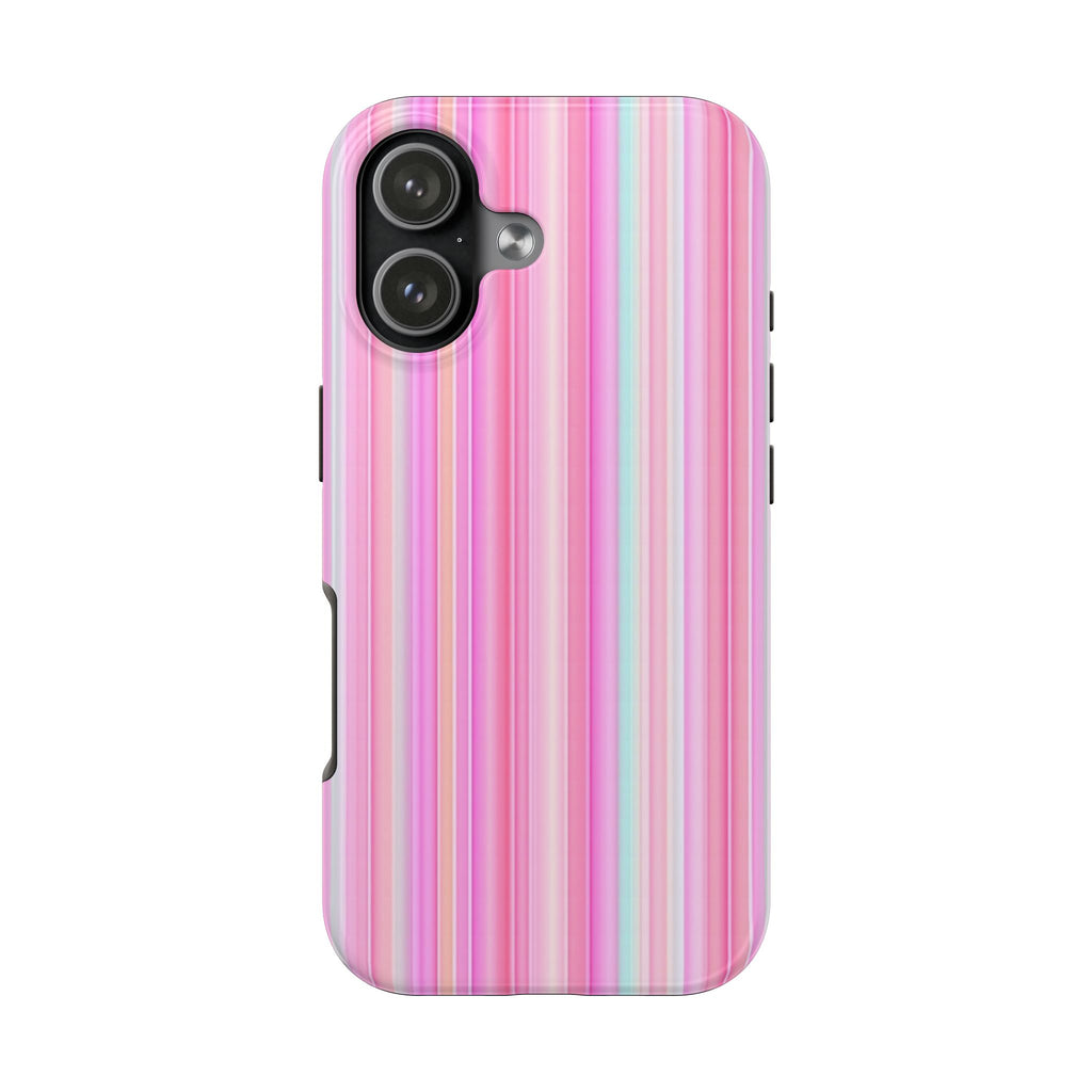 Pink vertical stripe phone case with camera cutout and slim side openings.