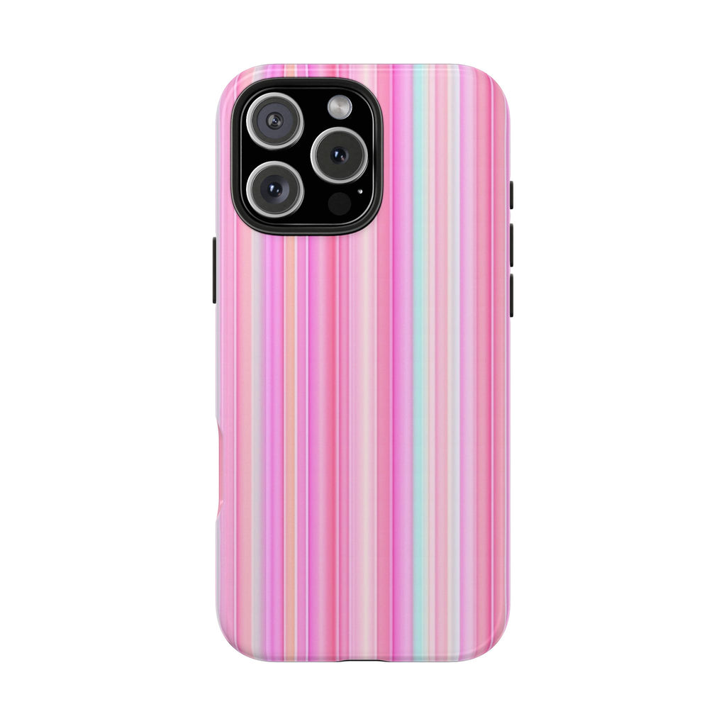 Pink vertical stripe phone case with camera cutout and smooth glossy finish.