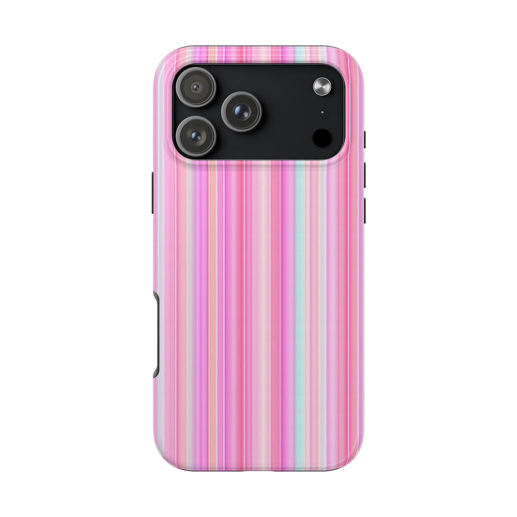 Pink vertical stripe phone case with black camera cover and side buttons.