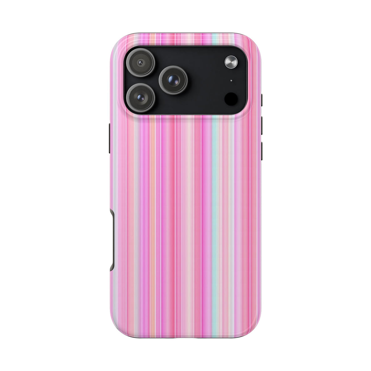 Pink vertical stripe phone case with black camera cover and side buttons.