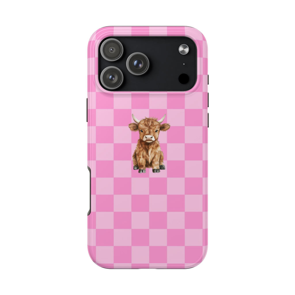 Pink checkered western phone case with Highland cow graphic and camera openings