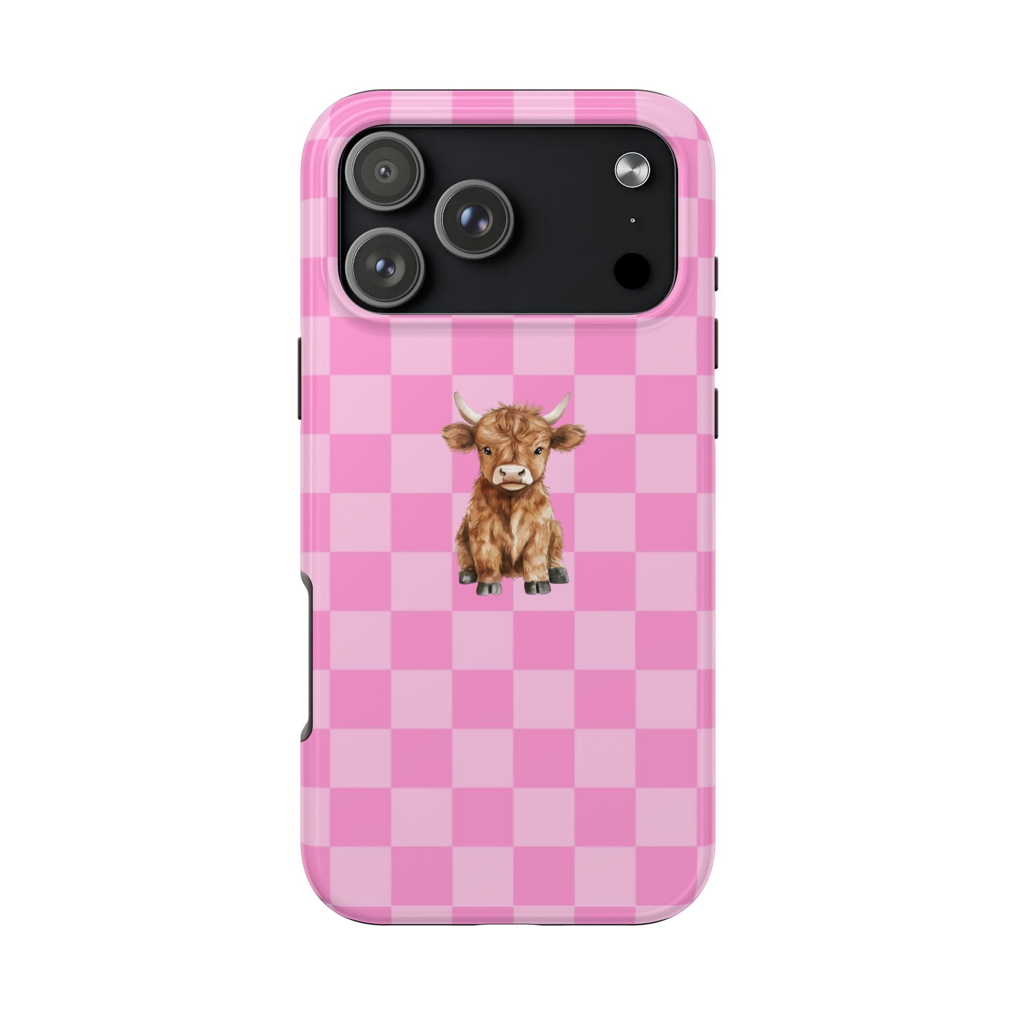 Pink checkered western phone case with Highland cow graphic and camera openings