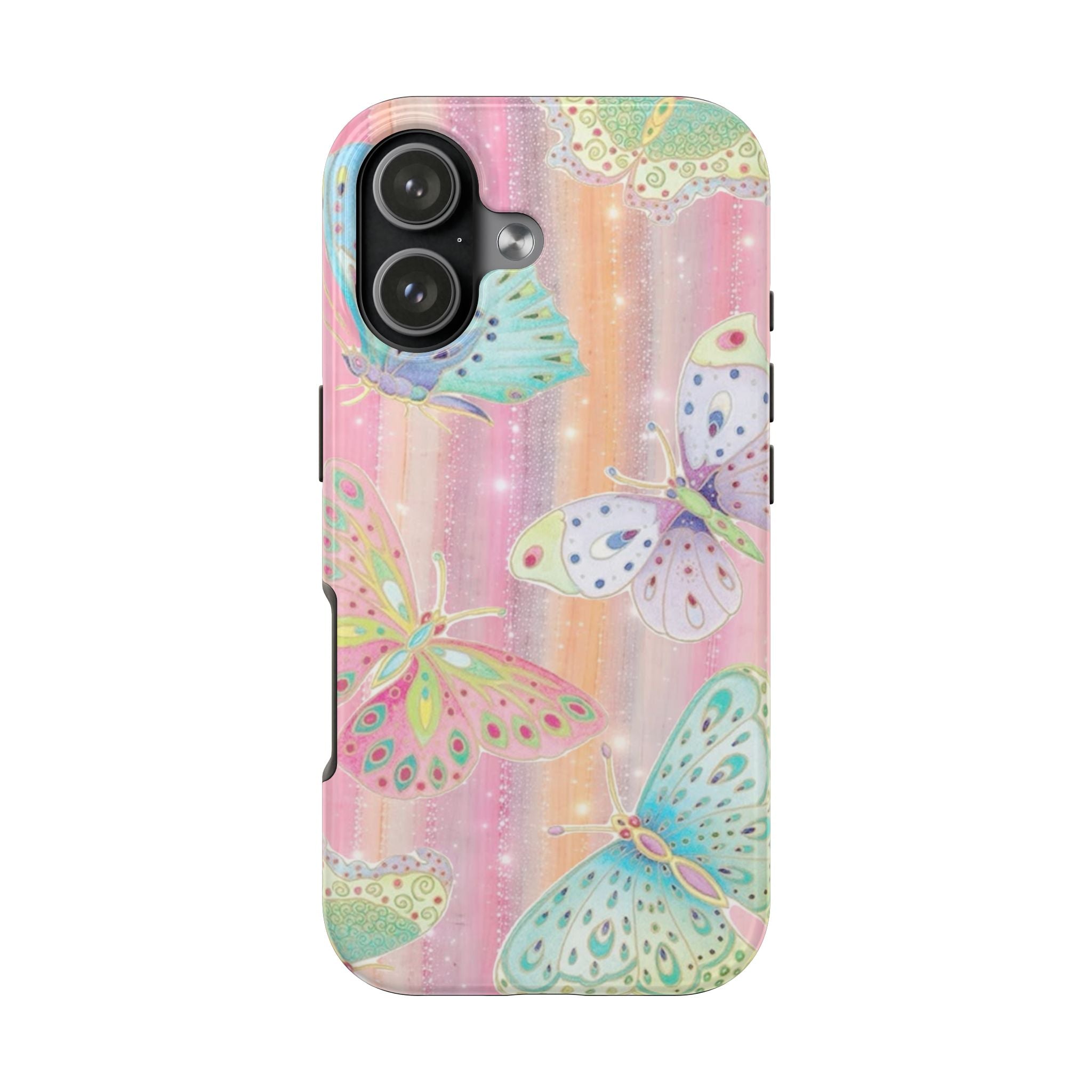 Butterfly fairy phone case with pastel pink, teal and lilac butterfly illustrations