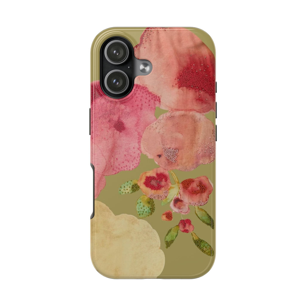 Embellished wildflower dream phone case with pink blossoms on beige-toned watercolor