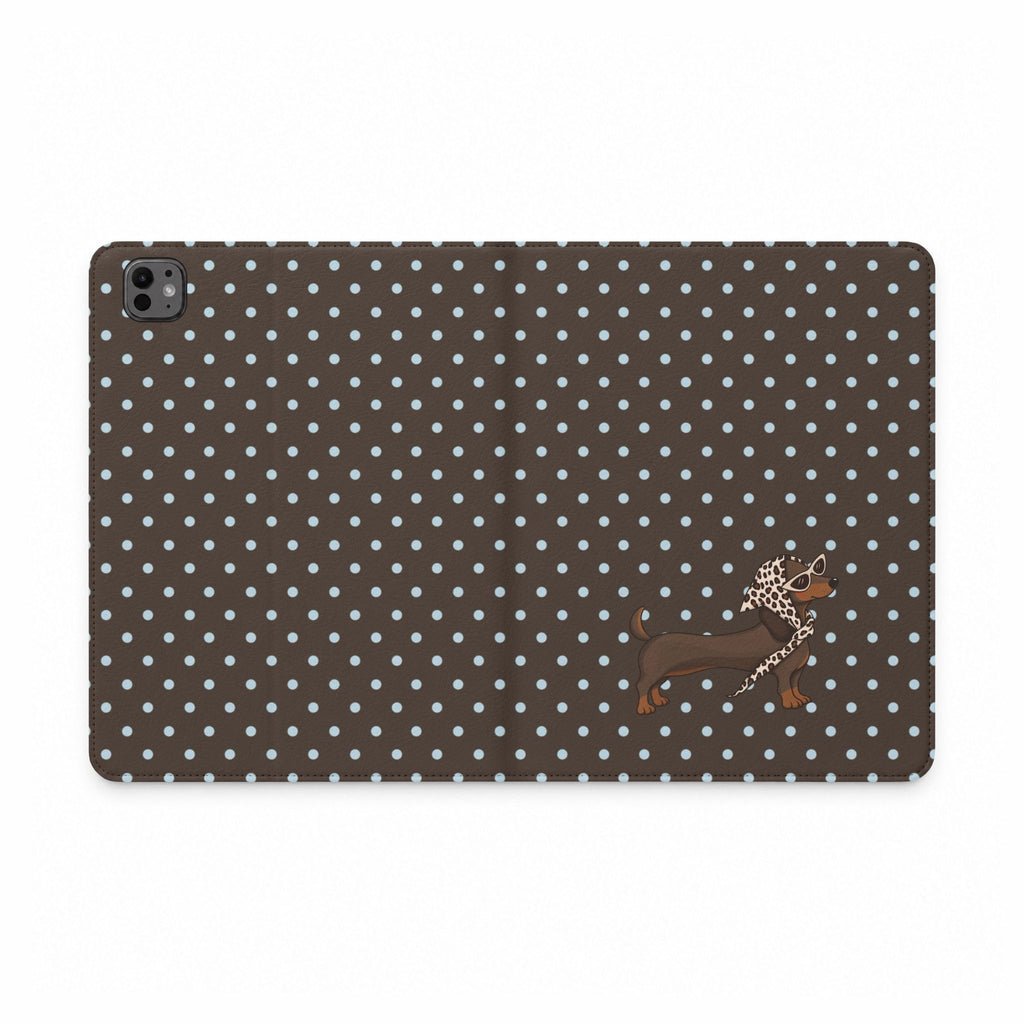 BROWN POLKA DOTS PREPPY DACHSHUND WEENIE DOG IPAD TABLET FOLIO CASE