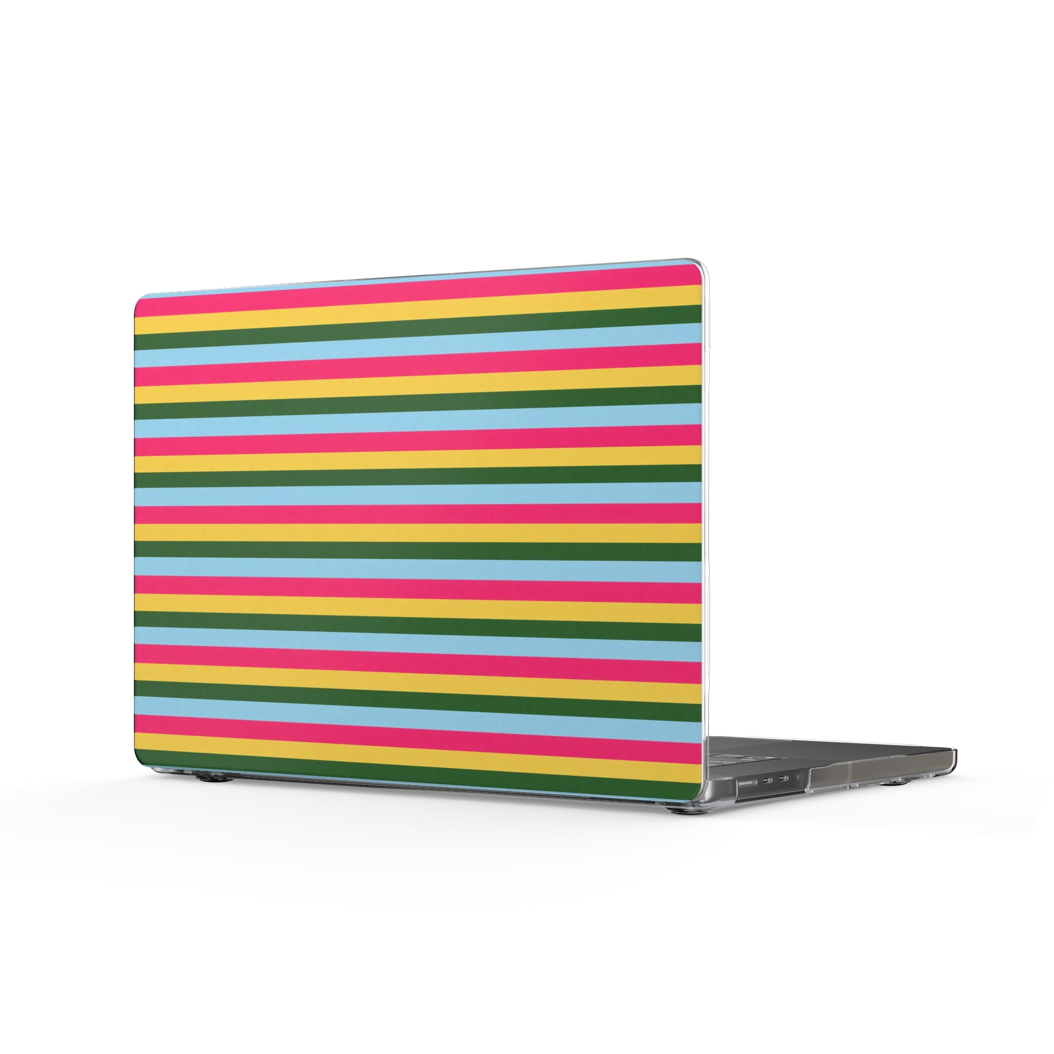 Multicolor horizontal striped laptop shell cover with open laptop on side