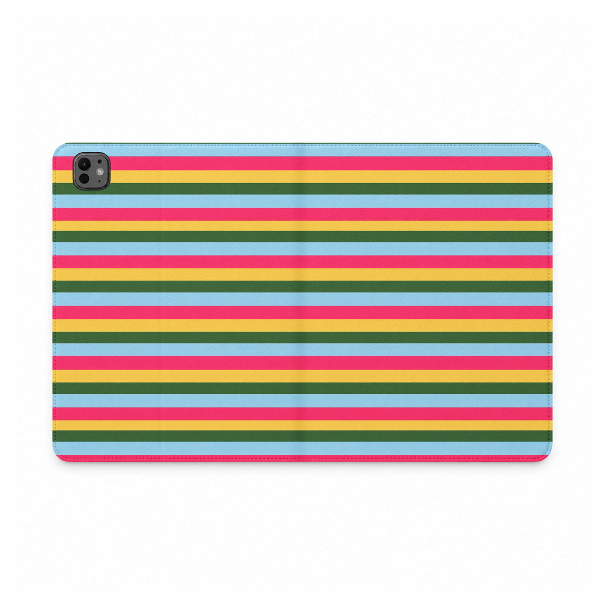 Striped iPad tablet folio case with multicolor horizontal bands and camera cutout