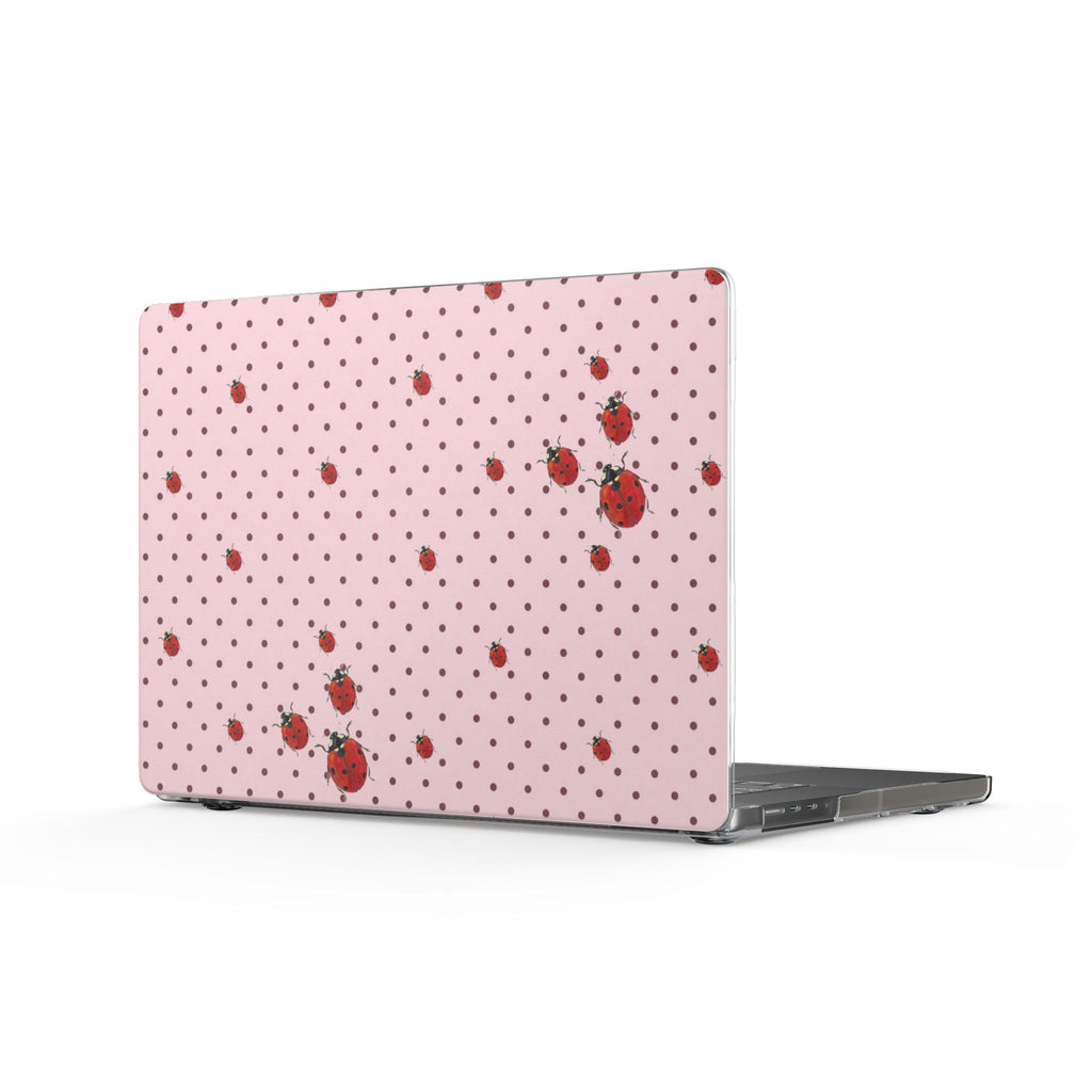 Pink polka-dot laptop shell cover with ladybug graphics, snug hard case