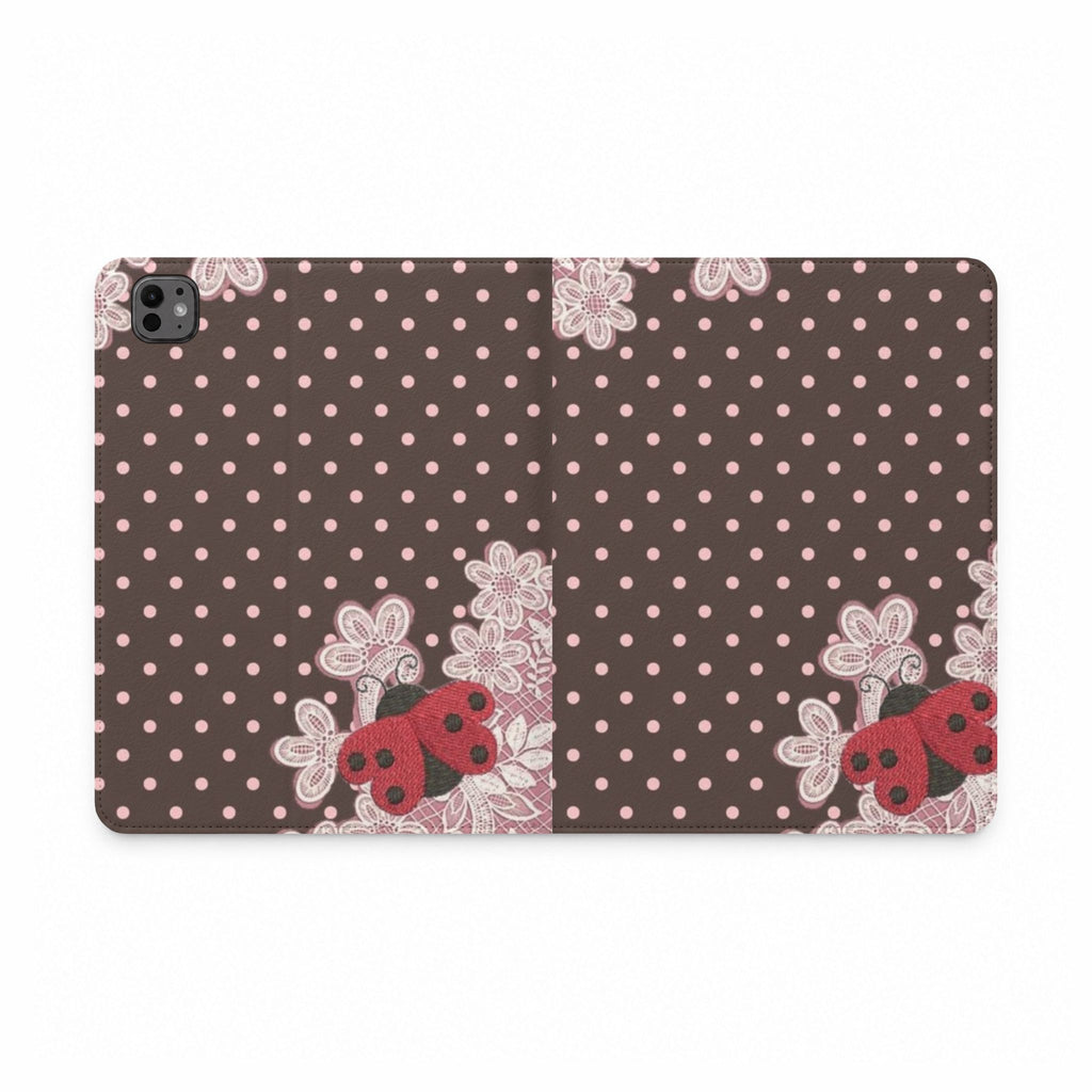 BROWN POLKA DOTS PINK LACE LADYBUG IPAD TABLET FOLIO CASE
