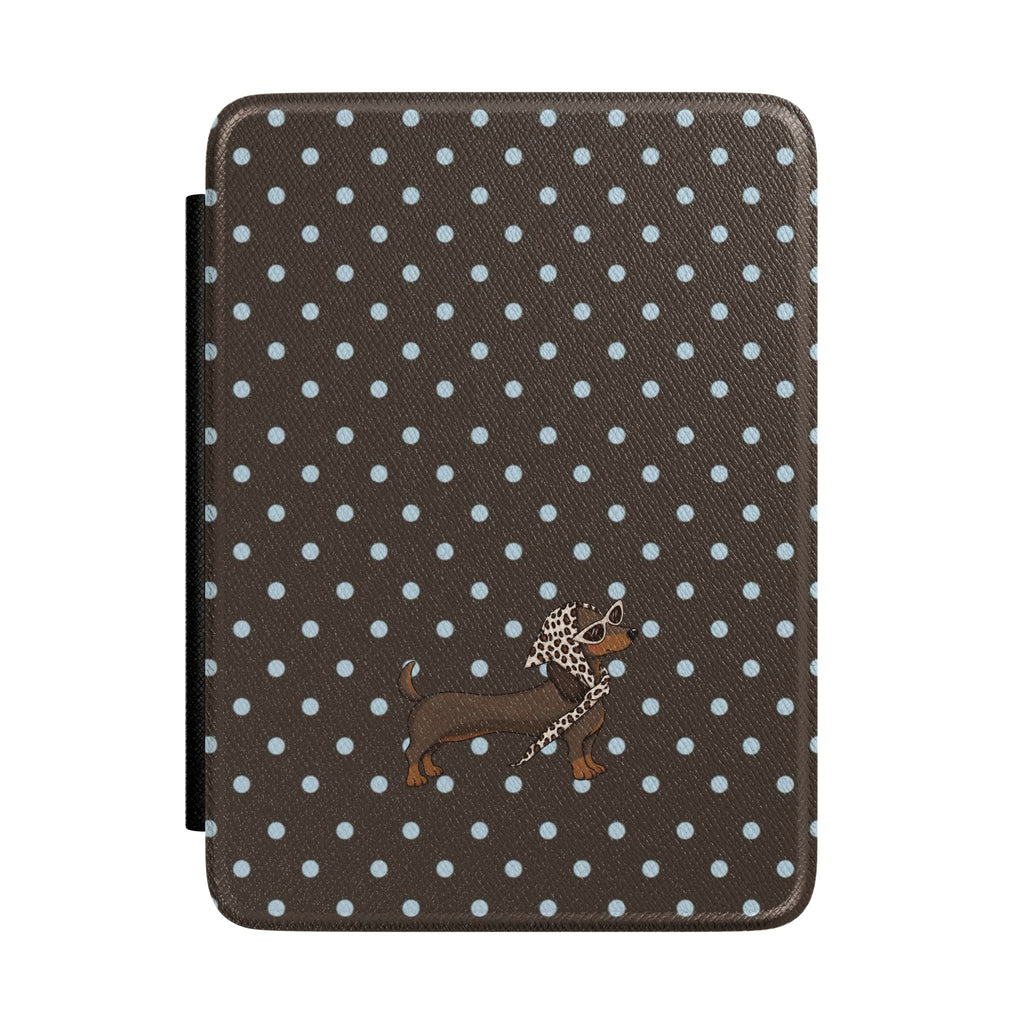 Brown hardcover Kindle case with white polka dots and dachshund illustration